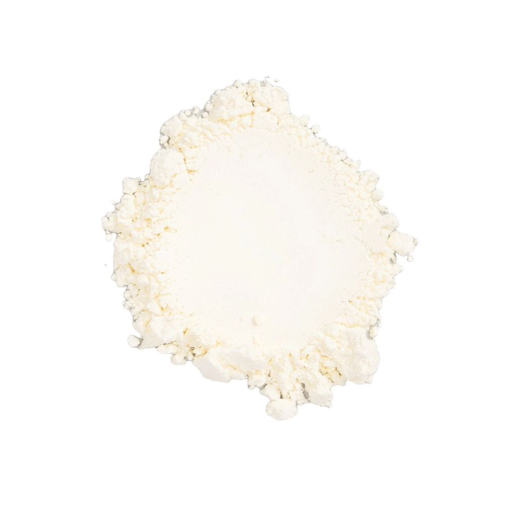 A mound of off-white powder with an irregular, granular edge.