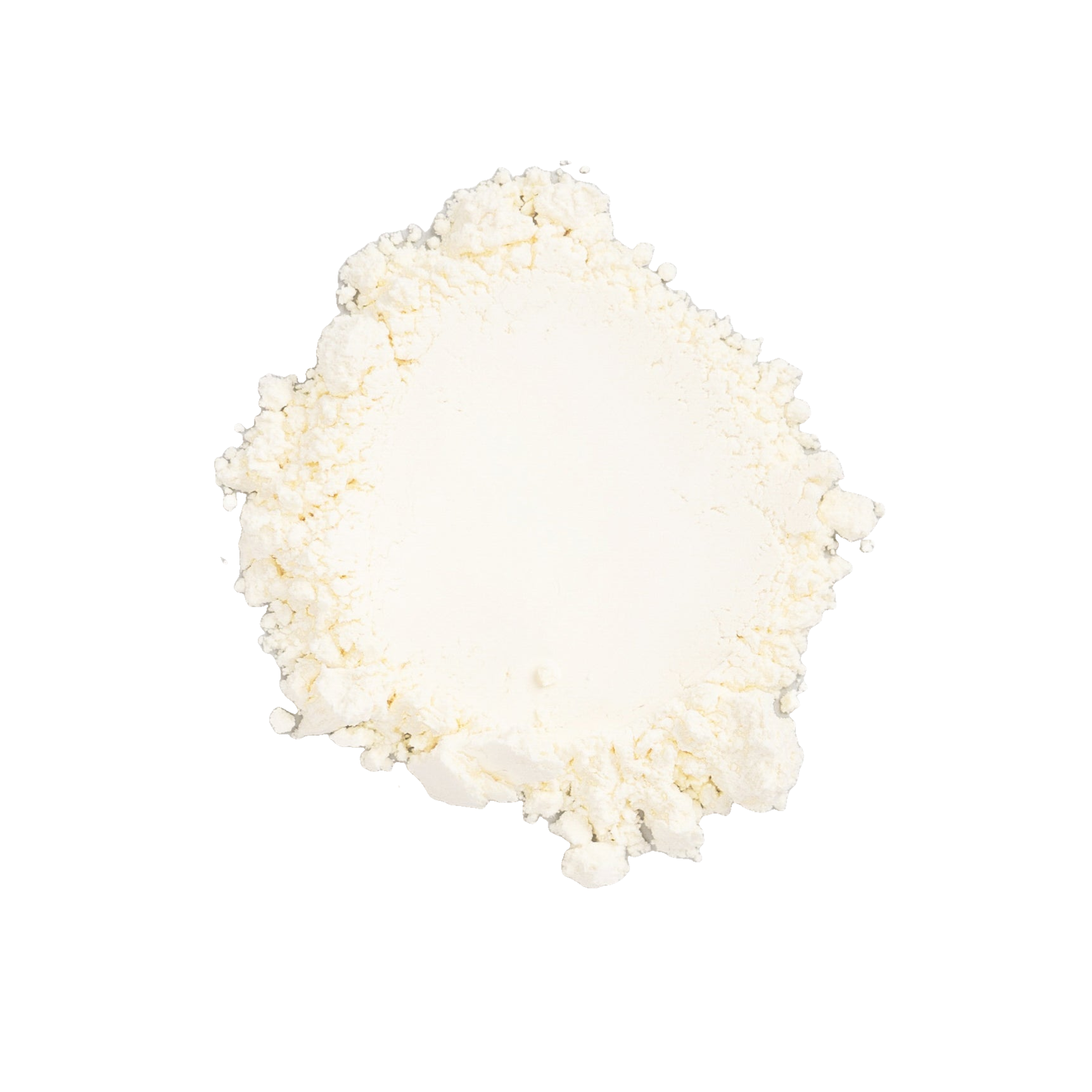 A mound of off-white powder with an irregular, granular edge.