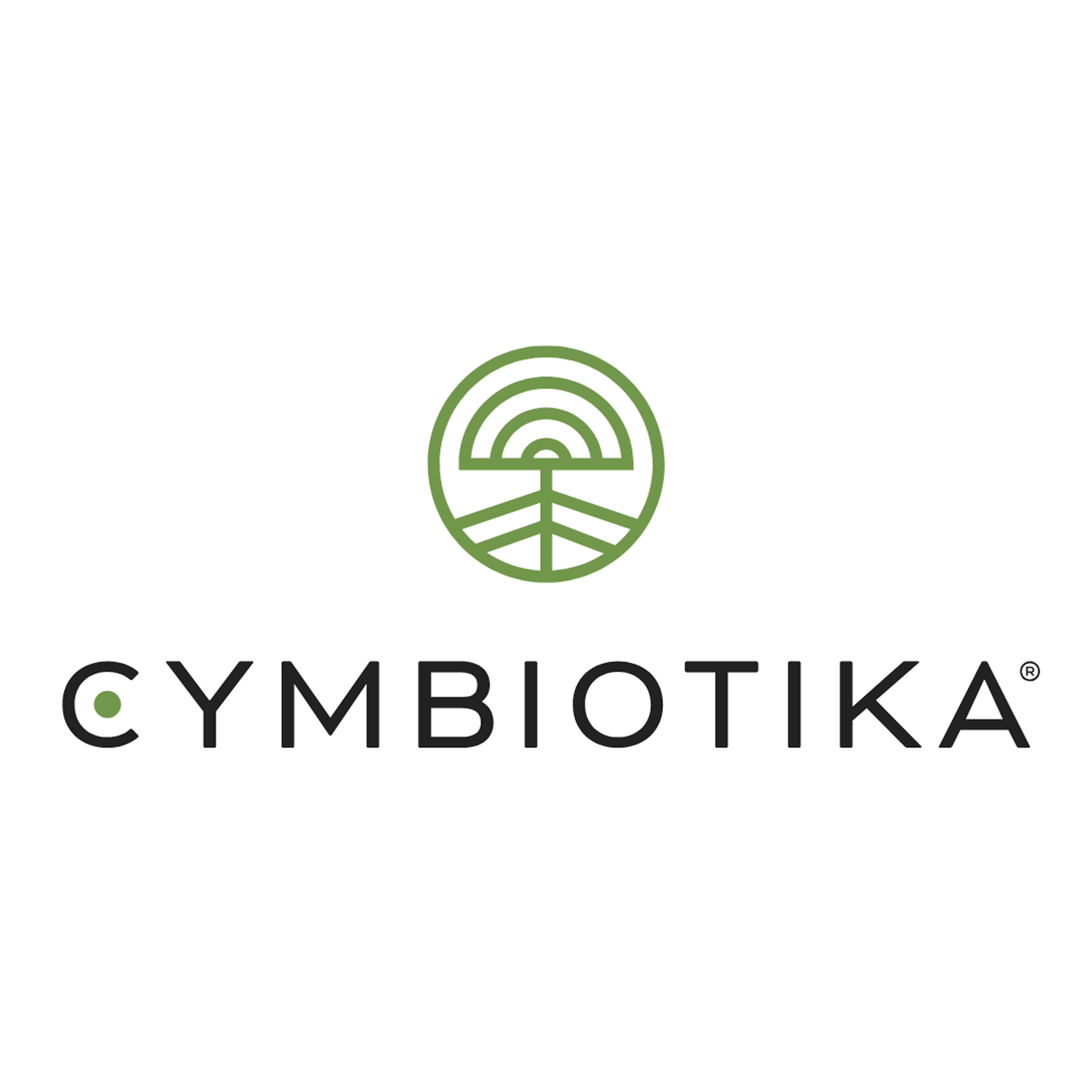 Green circular emblem above the black CYMBIOTIKA wordmark.
