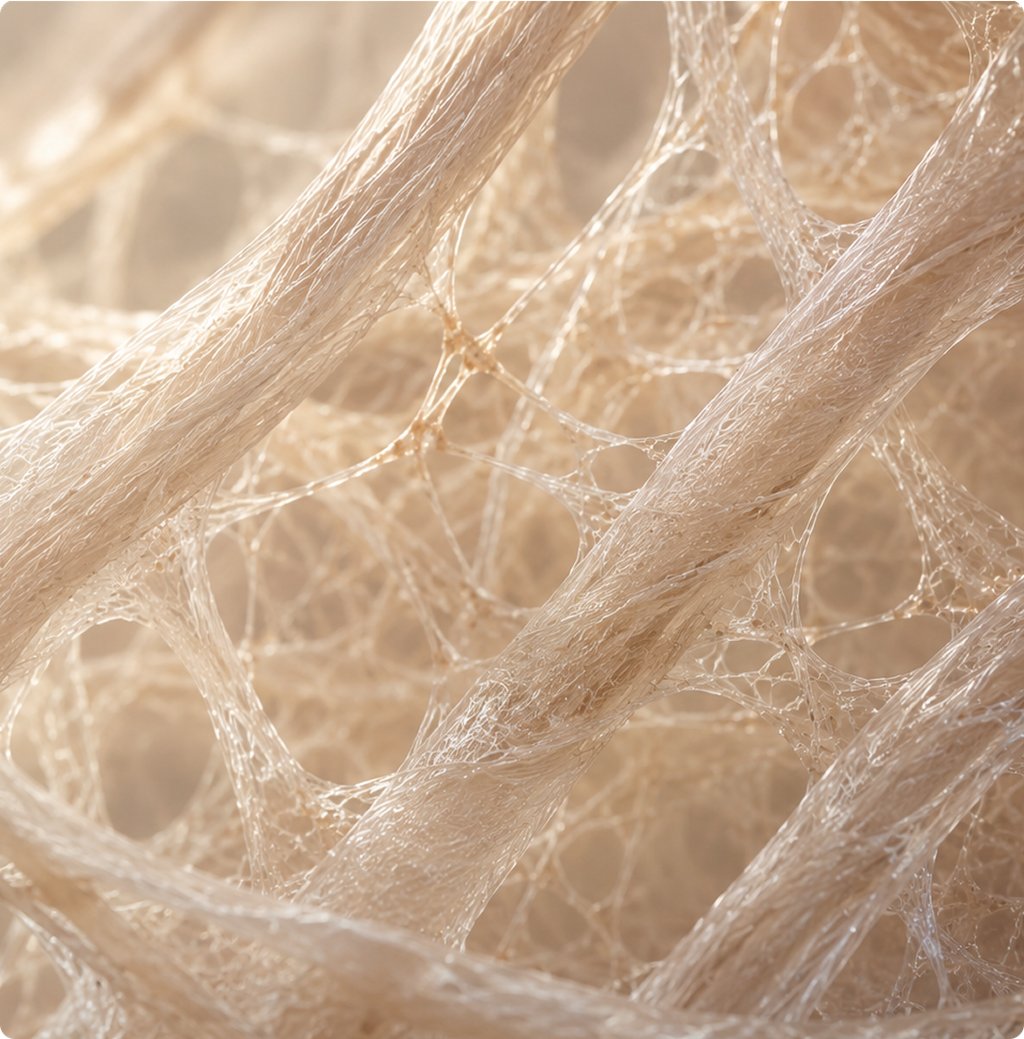 Close-up illustration of fine, branching fibers forming a porous, web-like network, evoking skin structure.