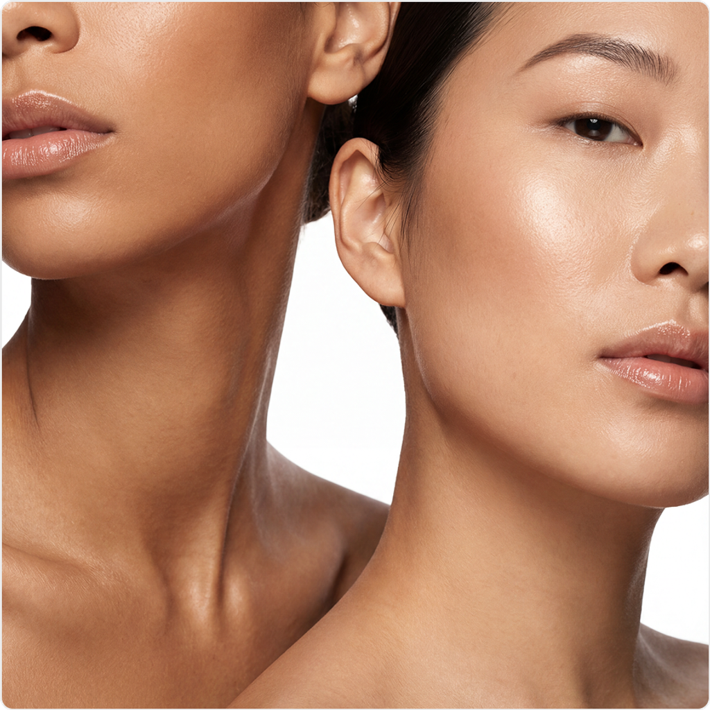 Close-up portraits of two women with smooth, glowing skin, illustrating the article’s focus on skin changes during weight loss.