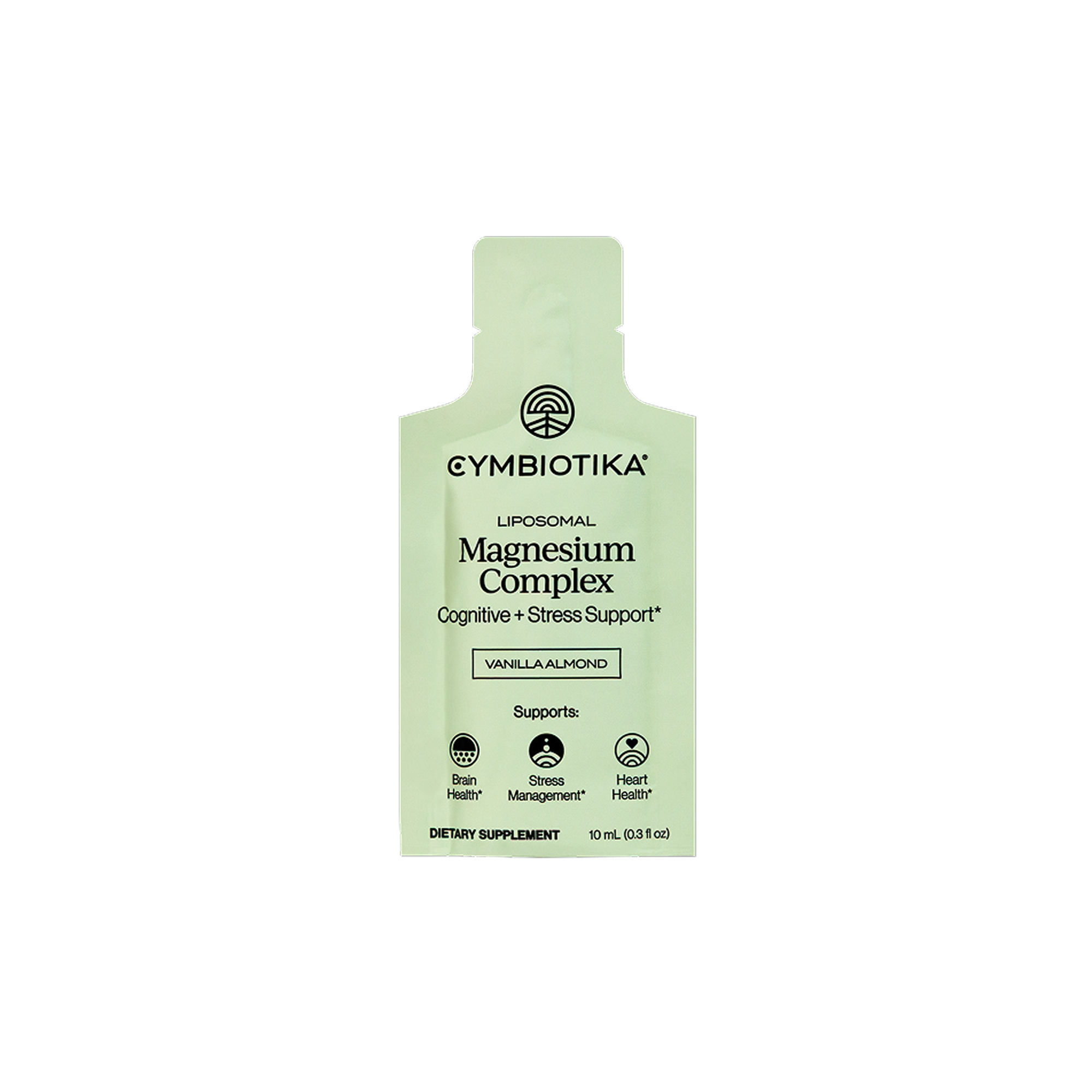 Pale green Cymbiotika Liposomal Magnesium Complex packet labeled Vanilla Almond.