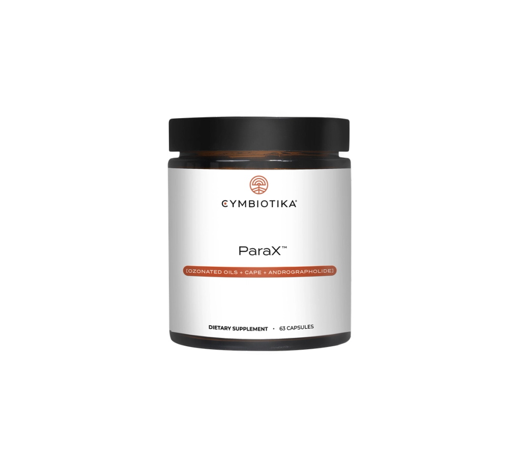White bottle of Cymbiotika ParaX™ capsules with a black cap and orange label accents.
