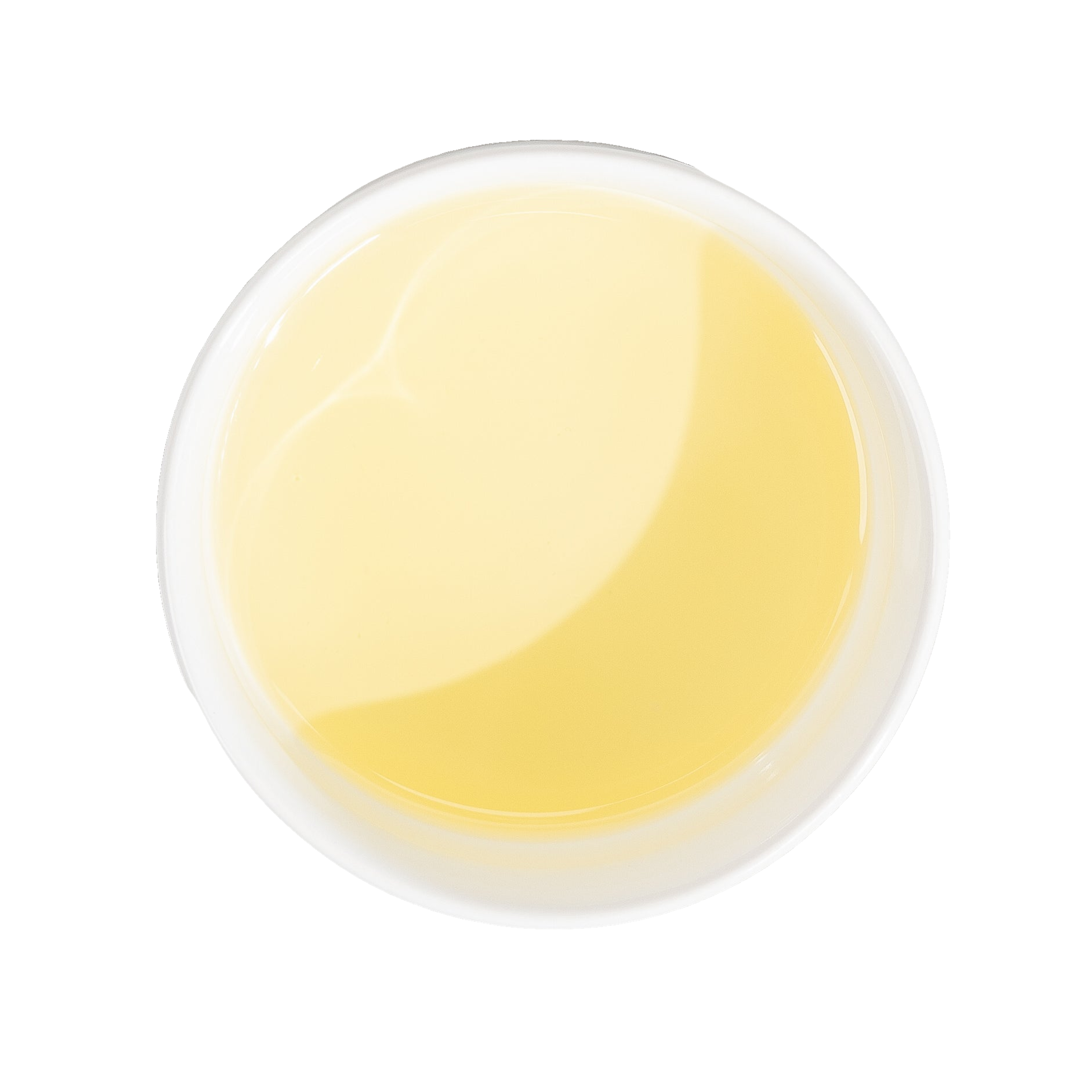 Top-down view of a round dish filled with pale yellow liquid.