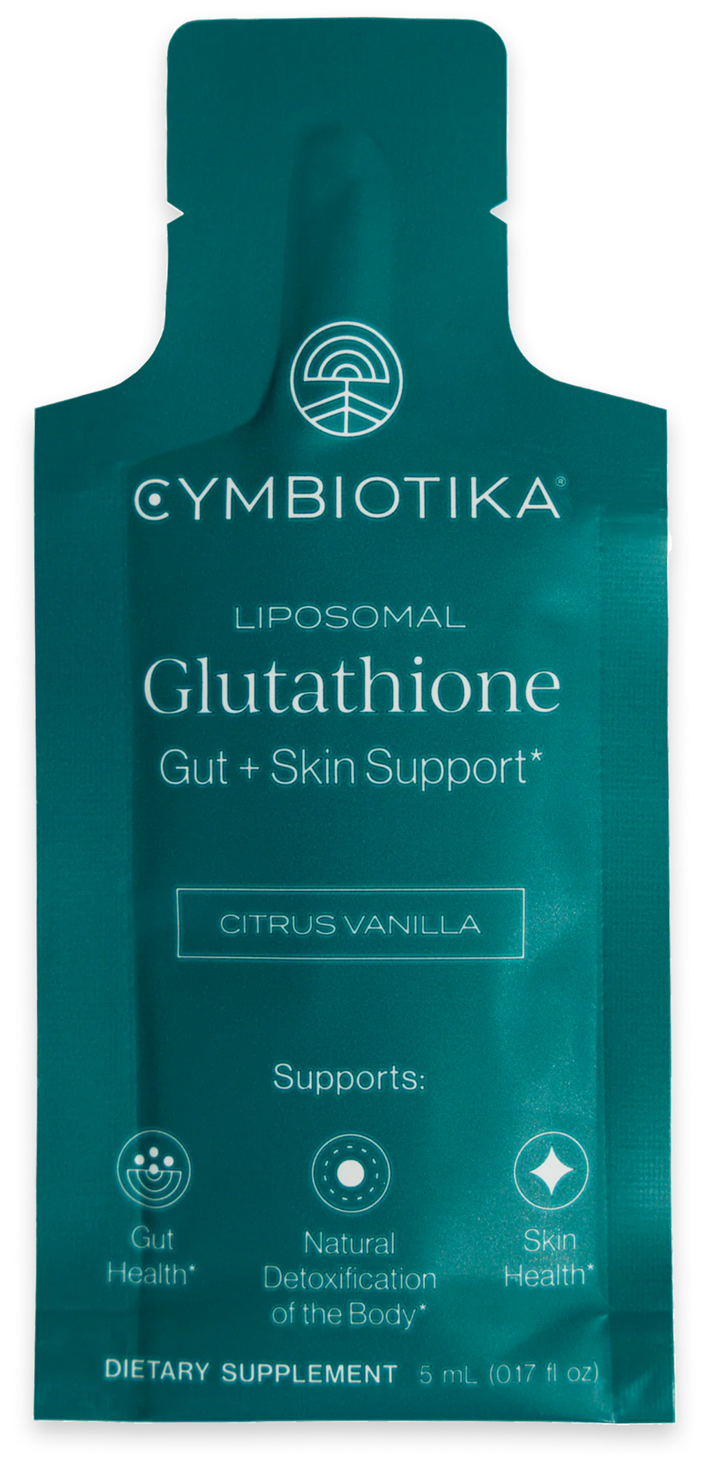 Teal Cymbiotika Liposomal Glutathione 5 mL sachet, Citrus Vanilla, labeled “Gut + Skin Support*.”