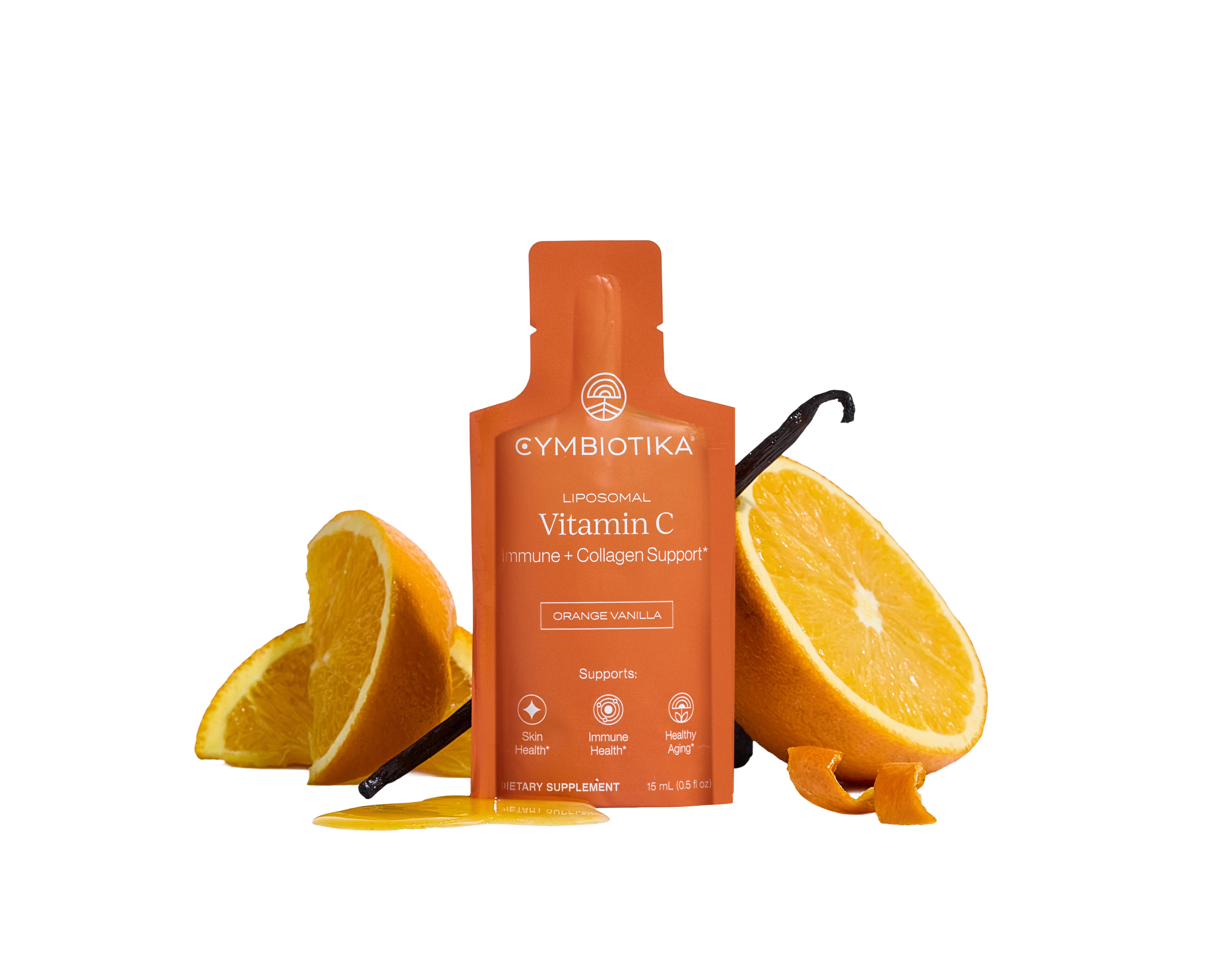 Orange Liposomal Vitamin C pouch with orange slices and a vanilla bean, labeled Orange Vanilla.