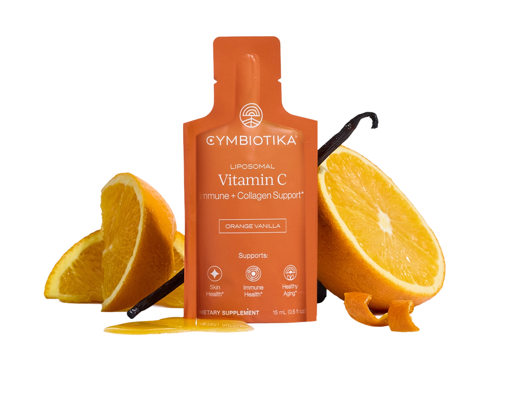 Orange Liposomal Vitamin C pouch with orange slices and a vanilla bean, labeled Orange Vanilla.