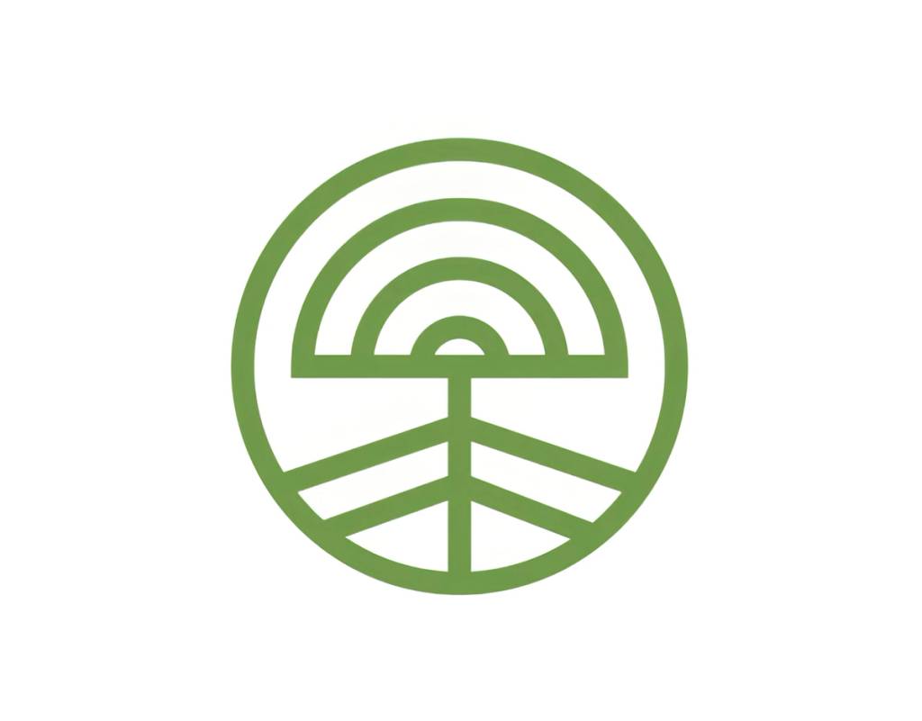 Green circular geometric emblem on a white background.