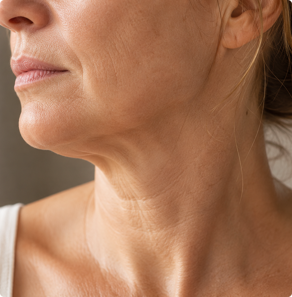 Close-up of a woman’s lower face and neck showing loose, creased skin.