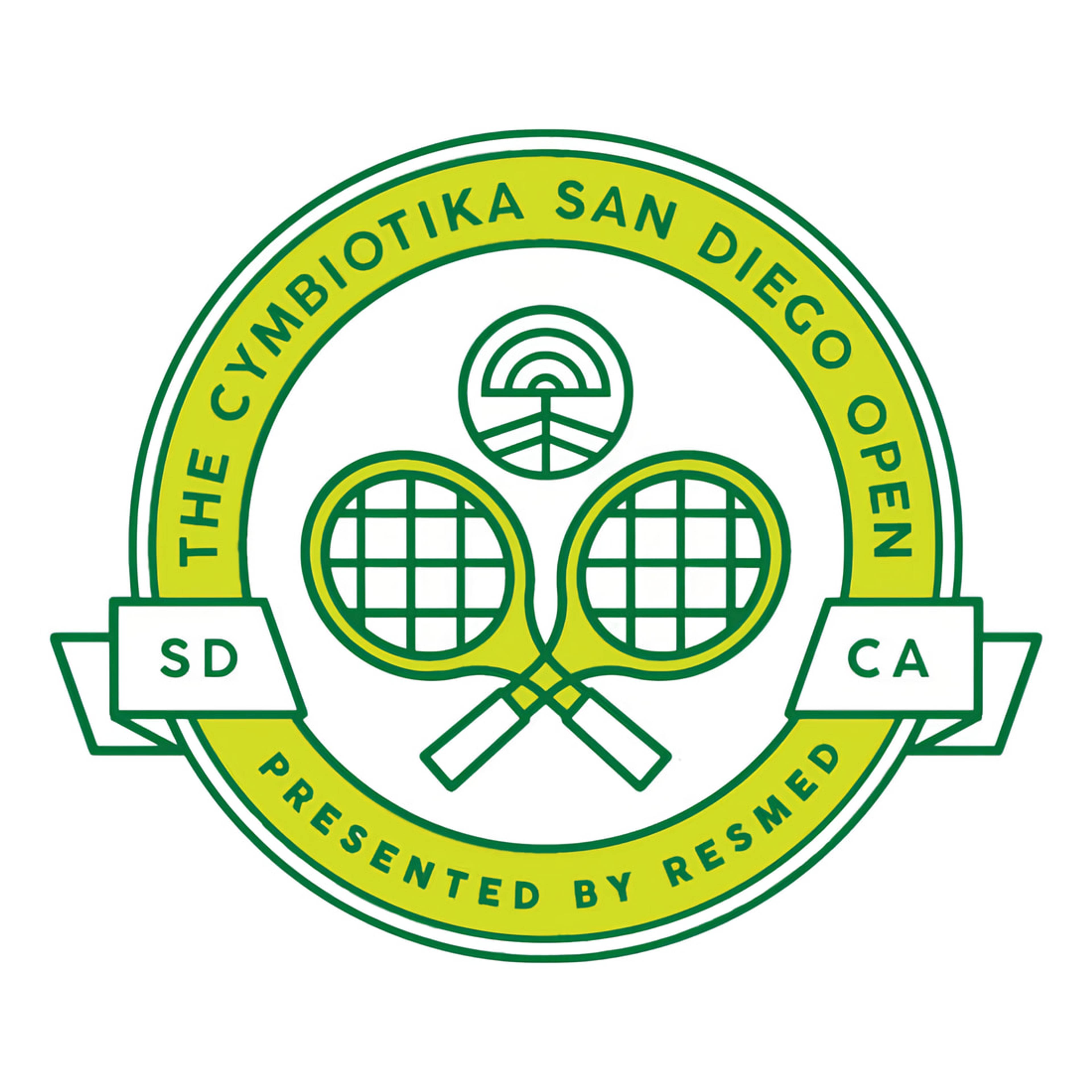 Green and yellow circular logo for The Cymbiotika San Diego Open, with crossed tennis rackets and SD CA banners.