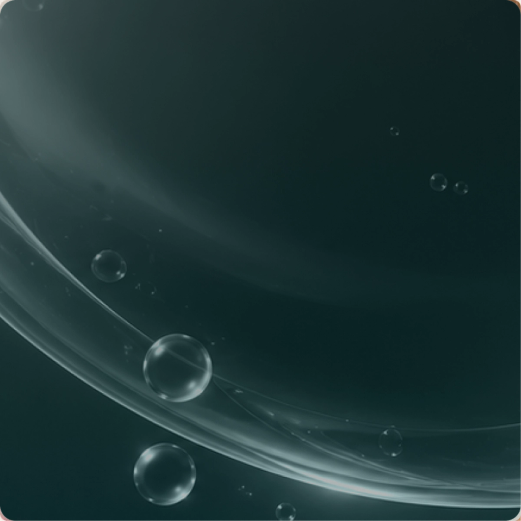 Abstract dark teal graphic with translucent bubbles and sweeping curved bands.