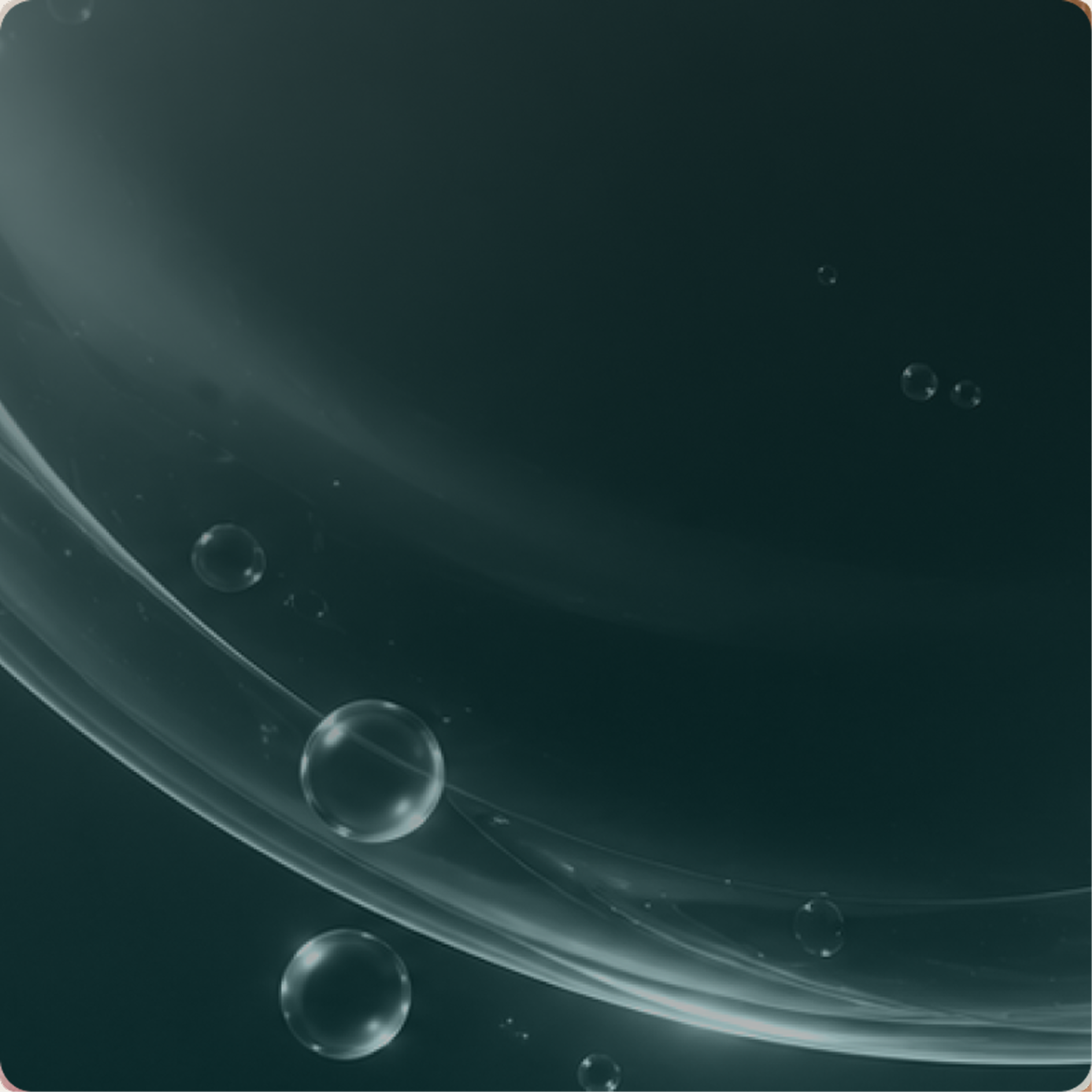 Abstract dark teal graphic with translucent bubbles and sweeping curved bands.