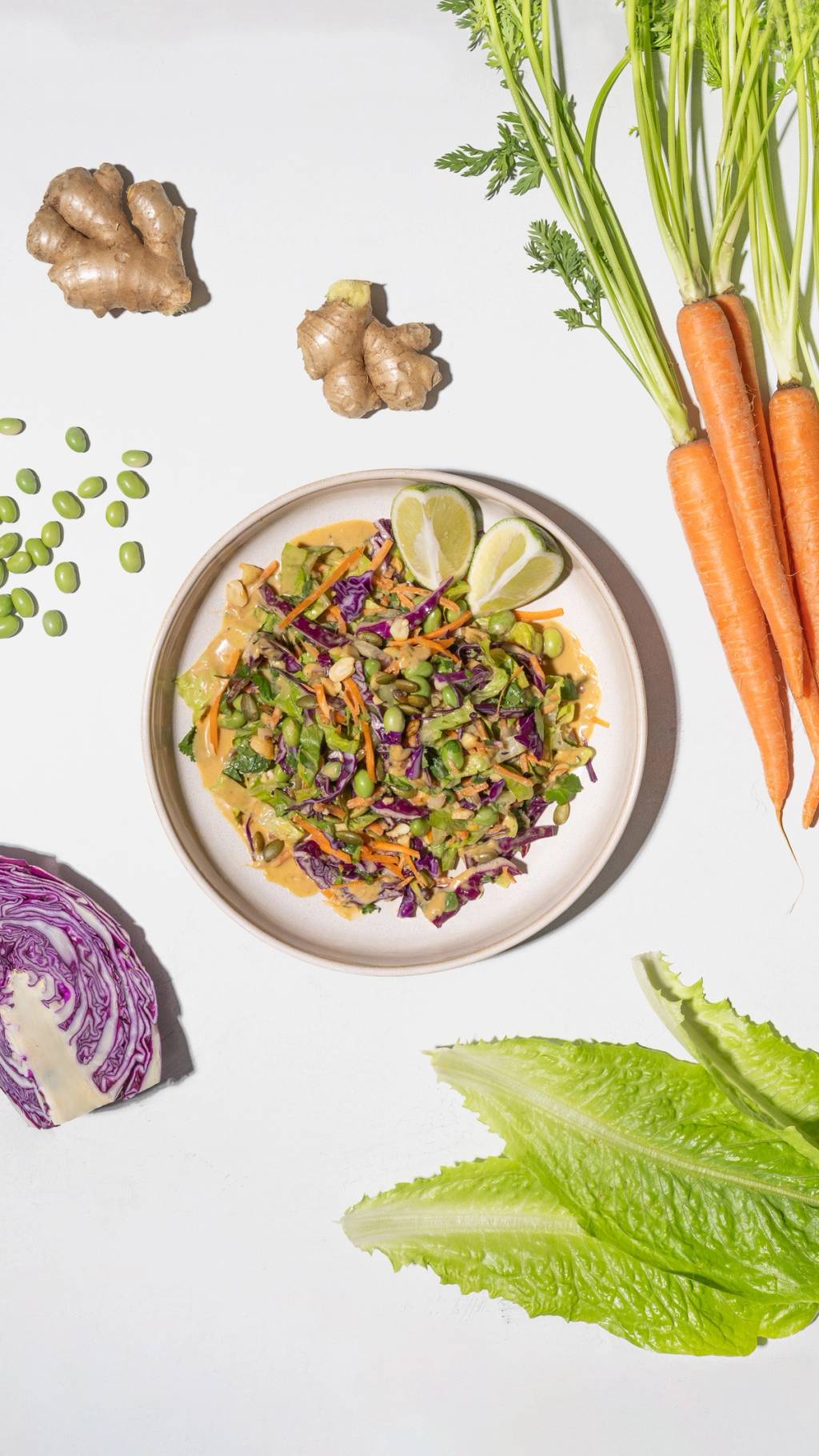 A bowl of colorful chopped salad with lime wedges, surrounded by carrots, ginger, edamame, cabbage, and lettuce.