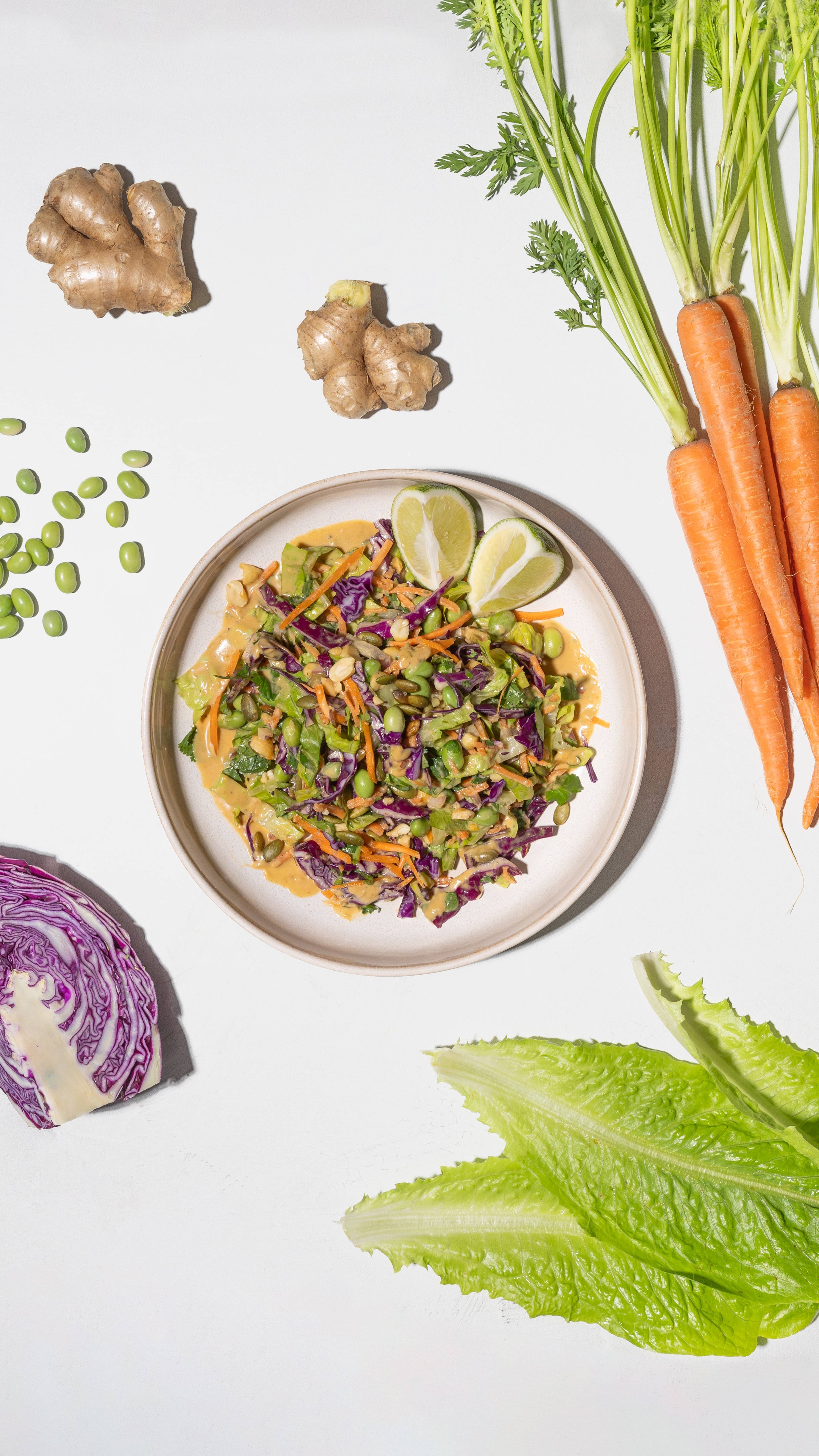 A bowl of colorful chopped salad with lime wedges, surrounded by carrots, ginger, edamame, cabbage, and lettuce.