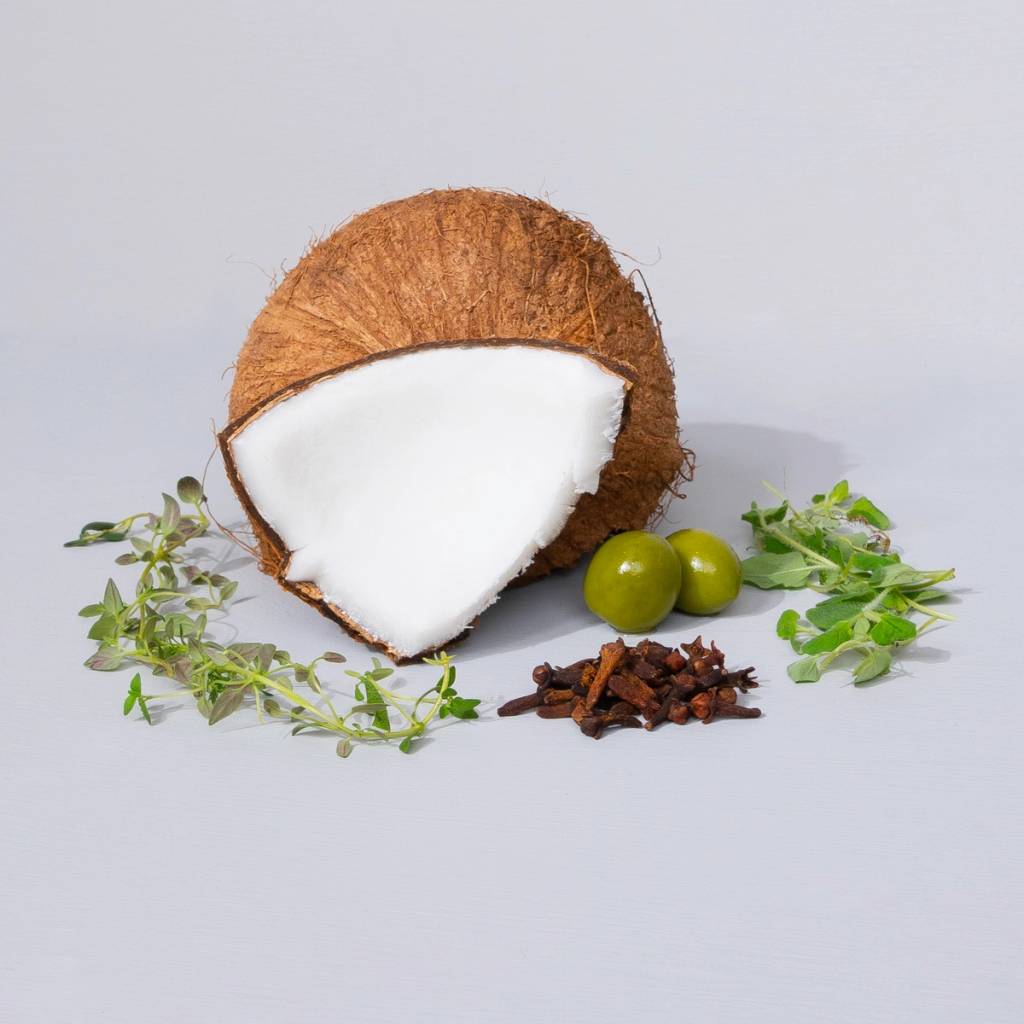 A halved coconut surrounded by leafy herbs, small green fruits, and cloves.
