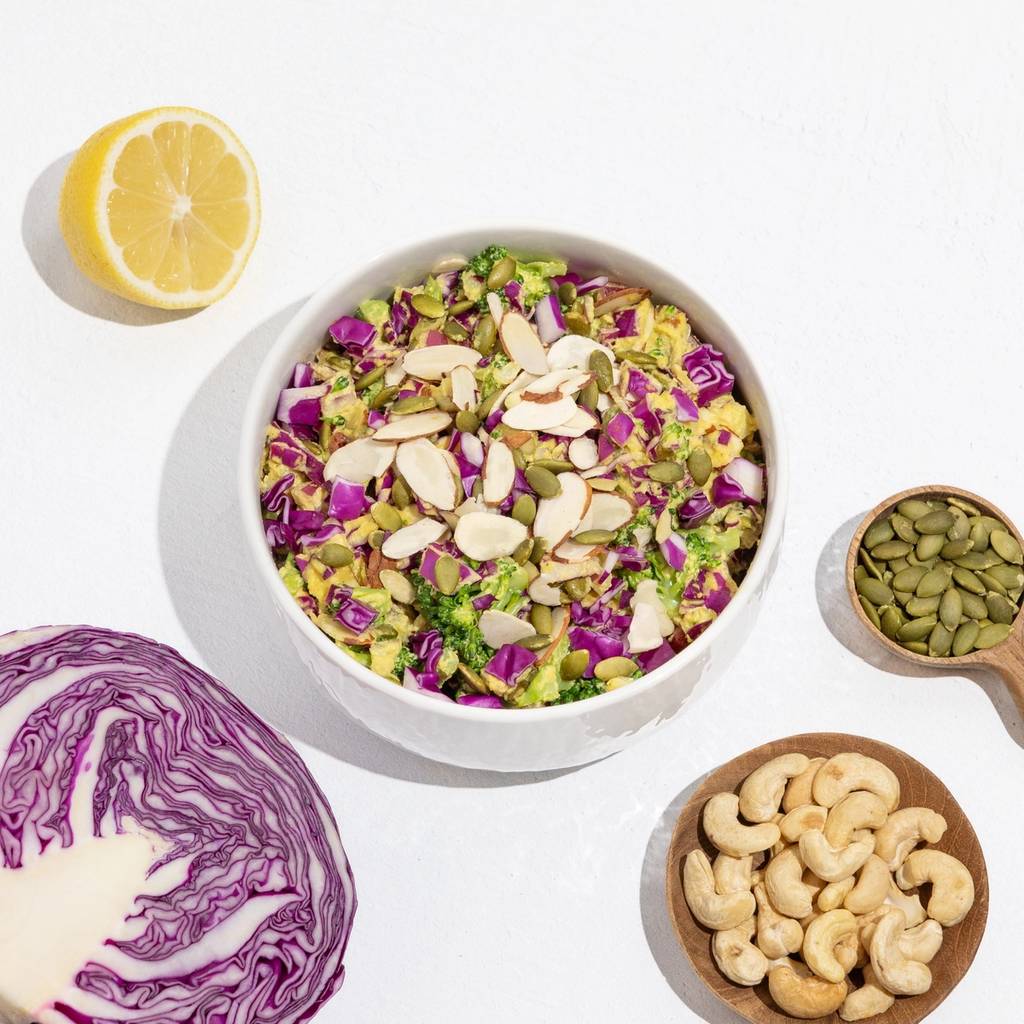 Bowl of broccoli and purple cabbage salad topped with sliced almonds and pumpkin seeds, with lemon, cabbage, and cashews.