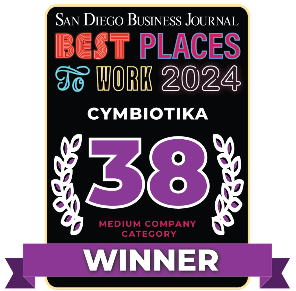 San Diego Business Journal Best Places to Work 2024 graphic naming Cymbiotika as 38th-place medium company winner.