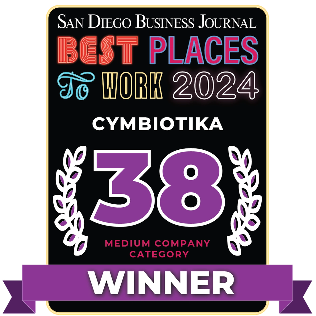 San Diego Business Journal Best Places to Work 2024 graphic naming Cymbiotika as 38th-place medium company winner.