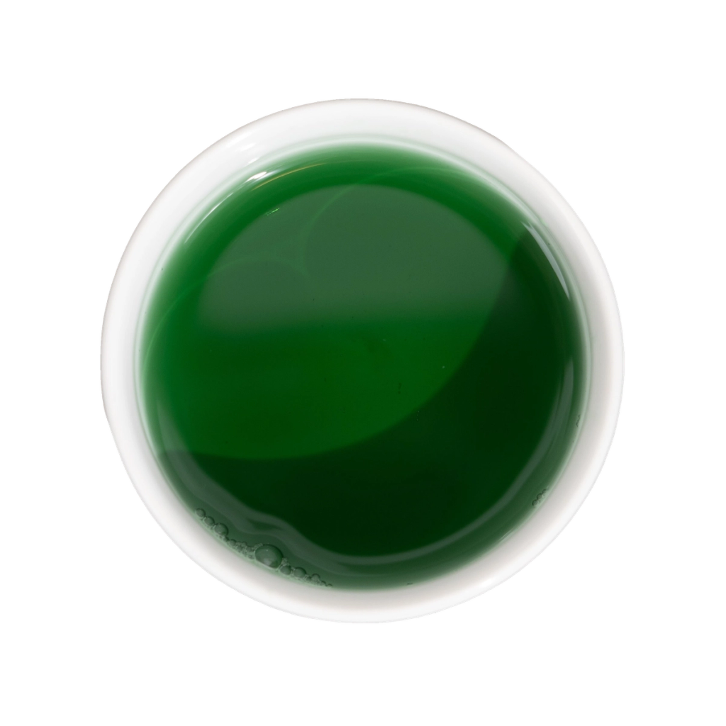 Round, pale-rimmed dish filled with dark green liquid.