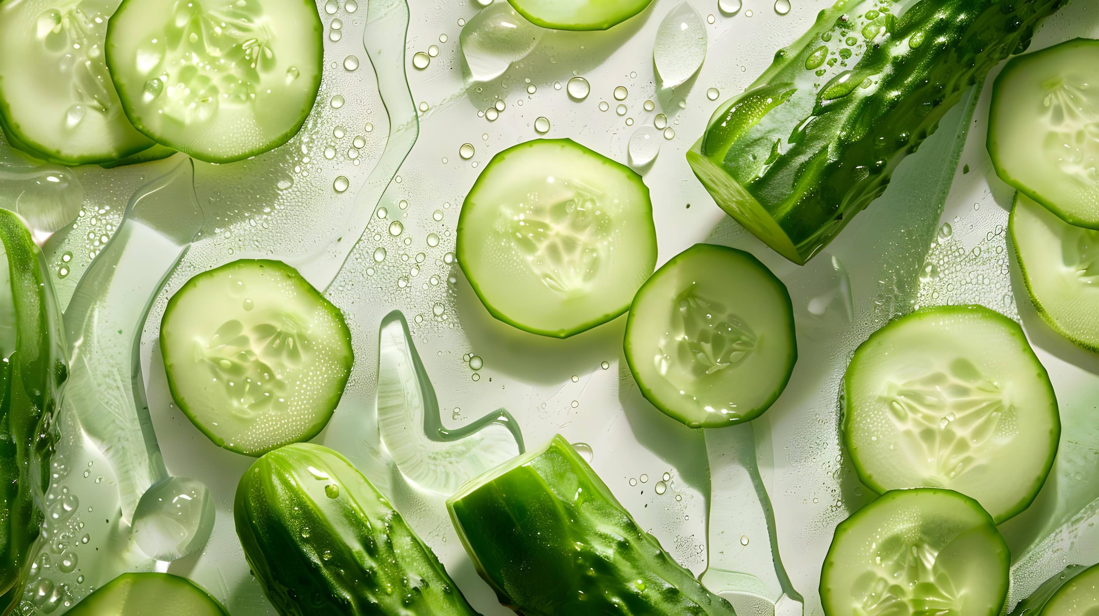 Cucumber slices and chunks scattered among water droplets on a pale surface.
