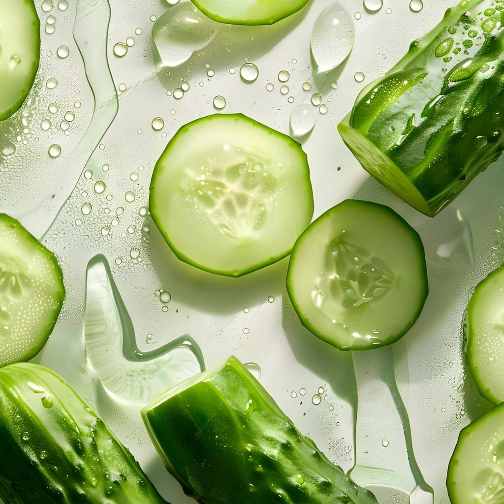 Cucumber slices and chunks scattered among water droplets on a pale surface.