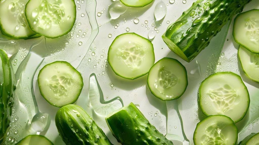Cucumber slices and chunks scattered among water droplets on a pale surface.
