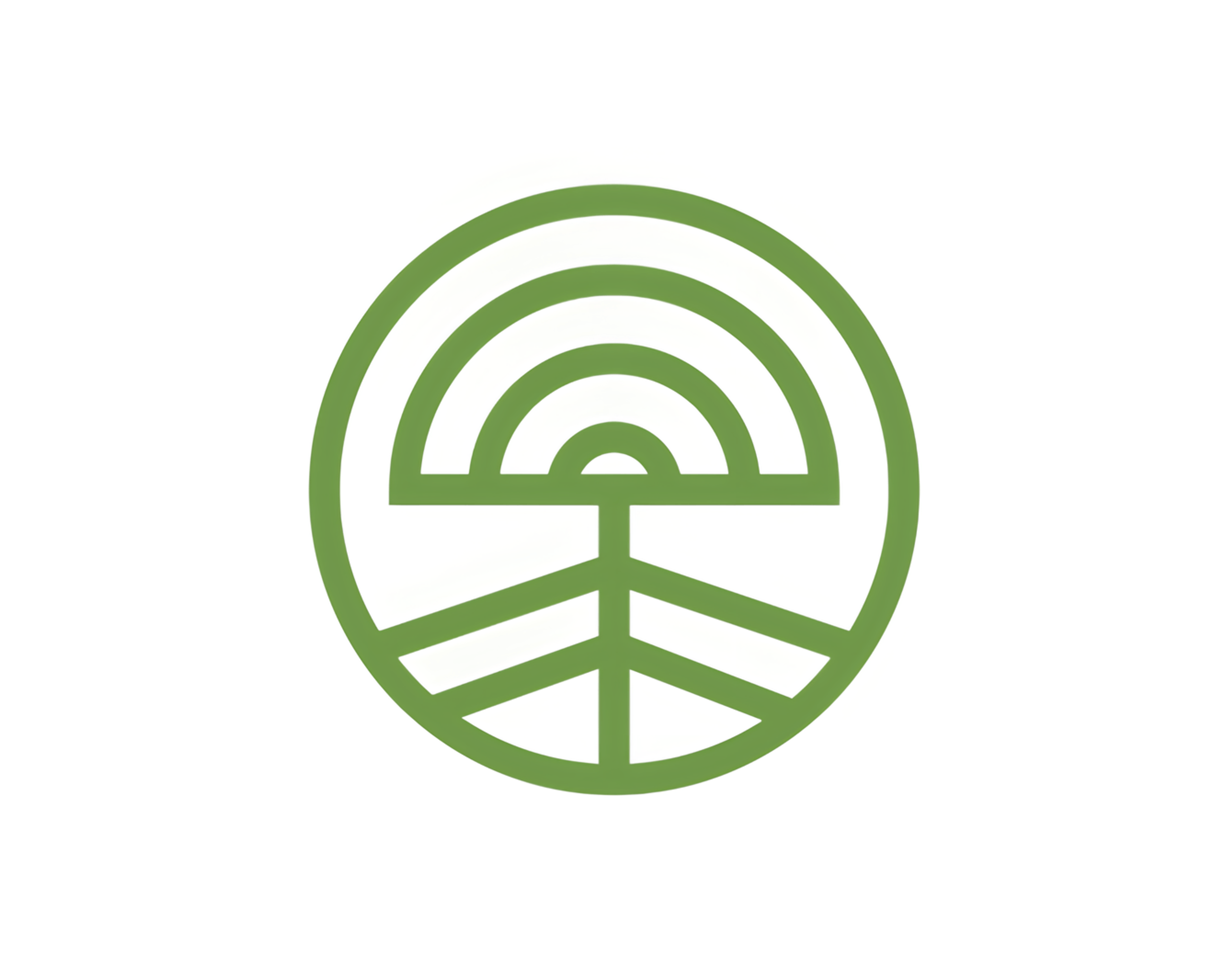 Green circular emblem with nested arches above divided lines.