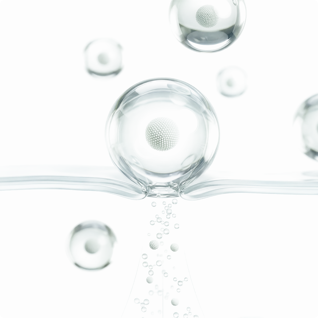 Translucent spherical forms and small bubbles arranged around a wavy horizontal boundary.
