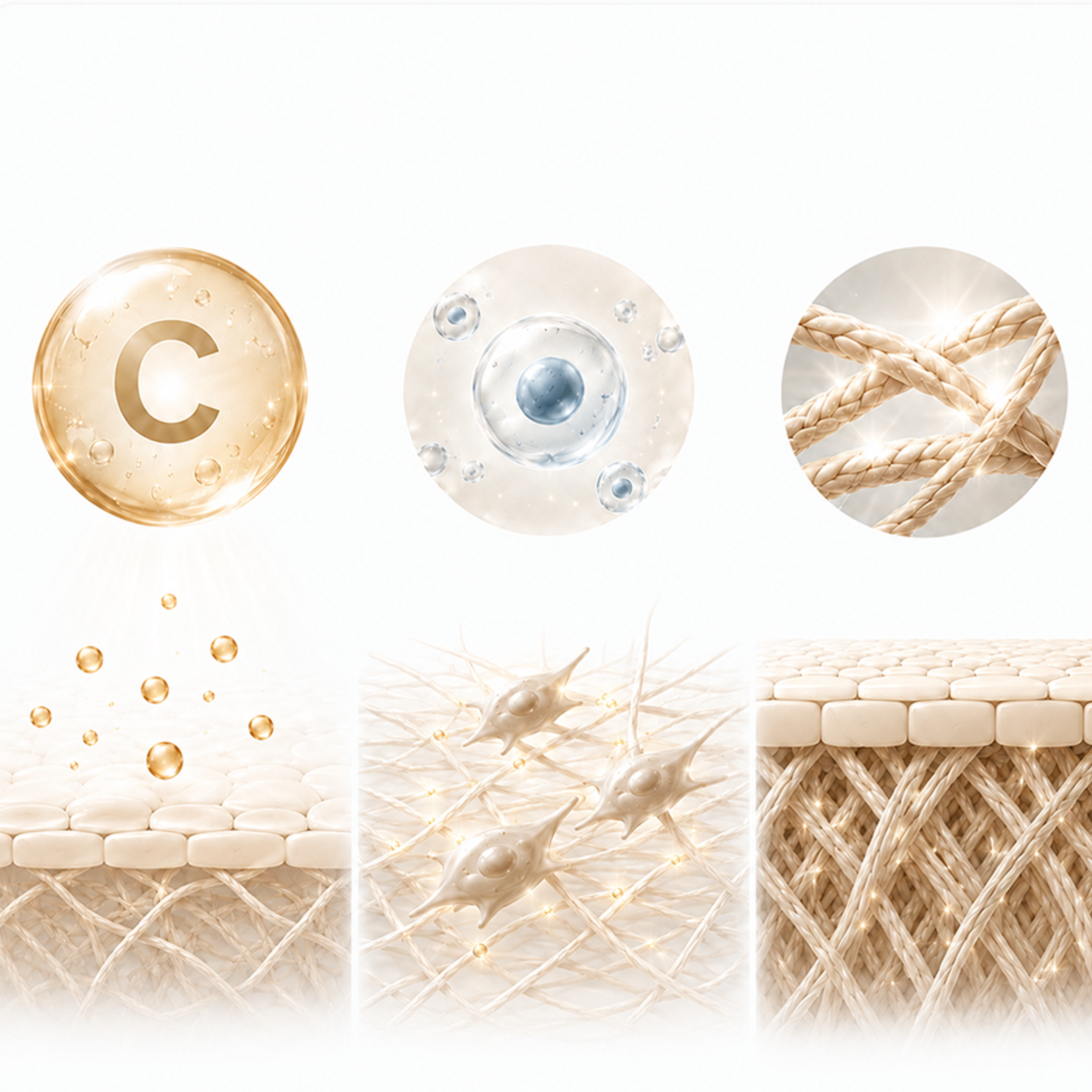 Illustration of skin cross-sections with cell-like forms and fibrous structures, alongside a gold sphere marked “C.”