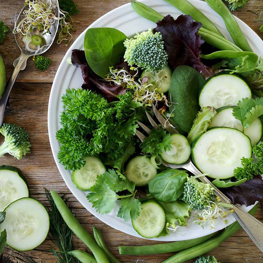 Overhead view of a green salad with cucumber, broccoli, leafy greens, sprouts, and avocado on a wooden table.