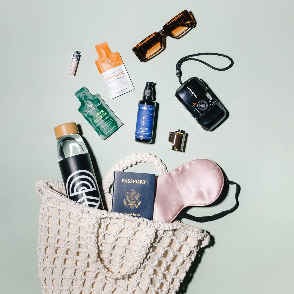 Travel flat lay with a woven bag, water bottle, passport, sleep mask, camera, sunglasses, and Cymbiotika supplements.