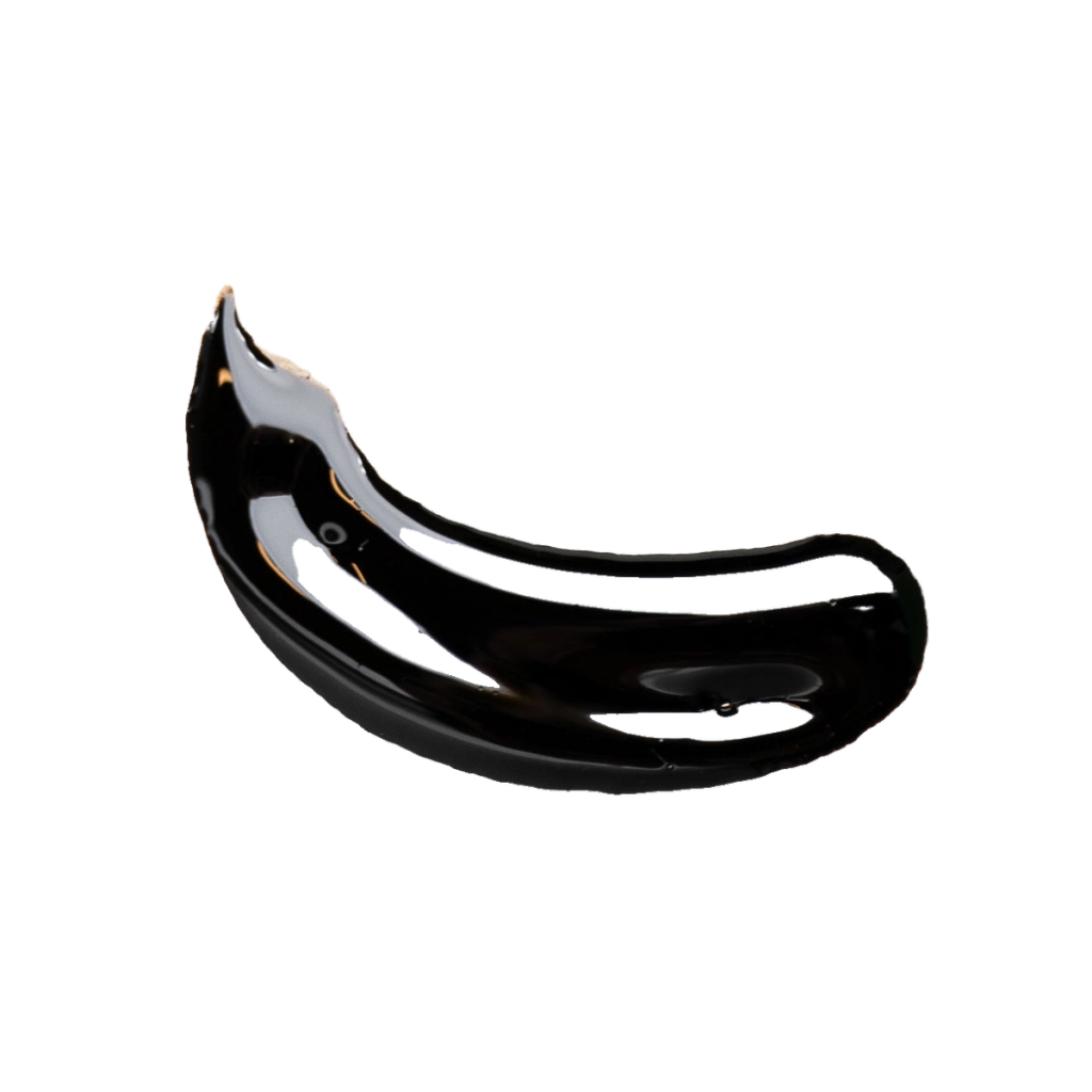 Glossy black, curved resin-like form shown as an ingredient visual.