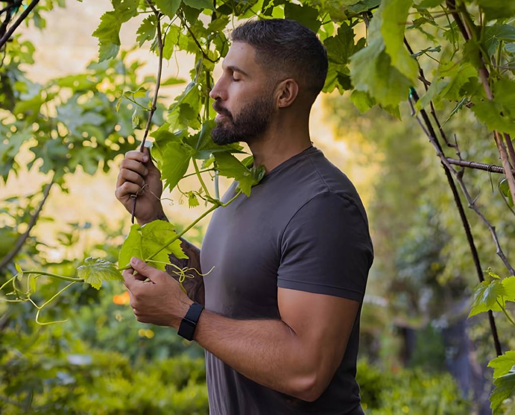 Bearded man in a dark T-shirt standing among leafy vines outdoors.