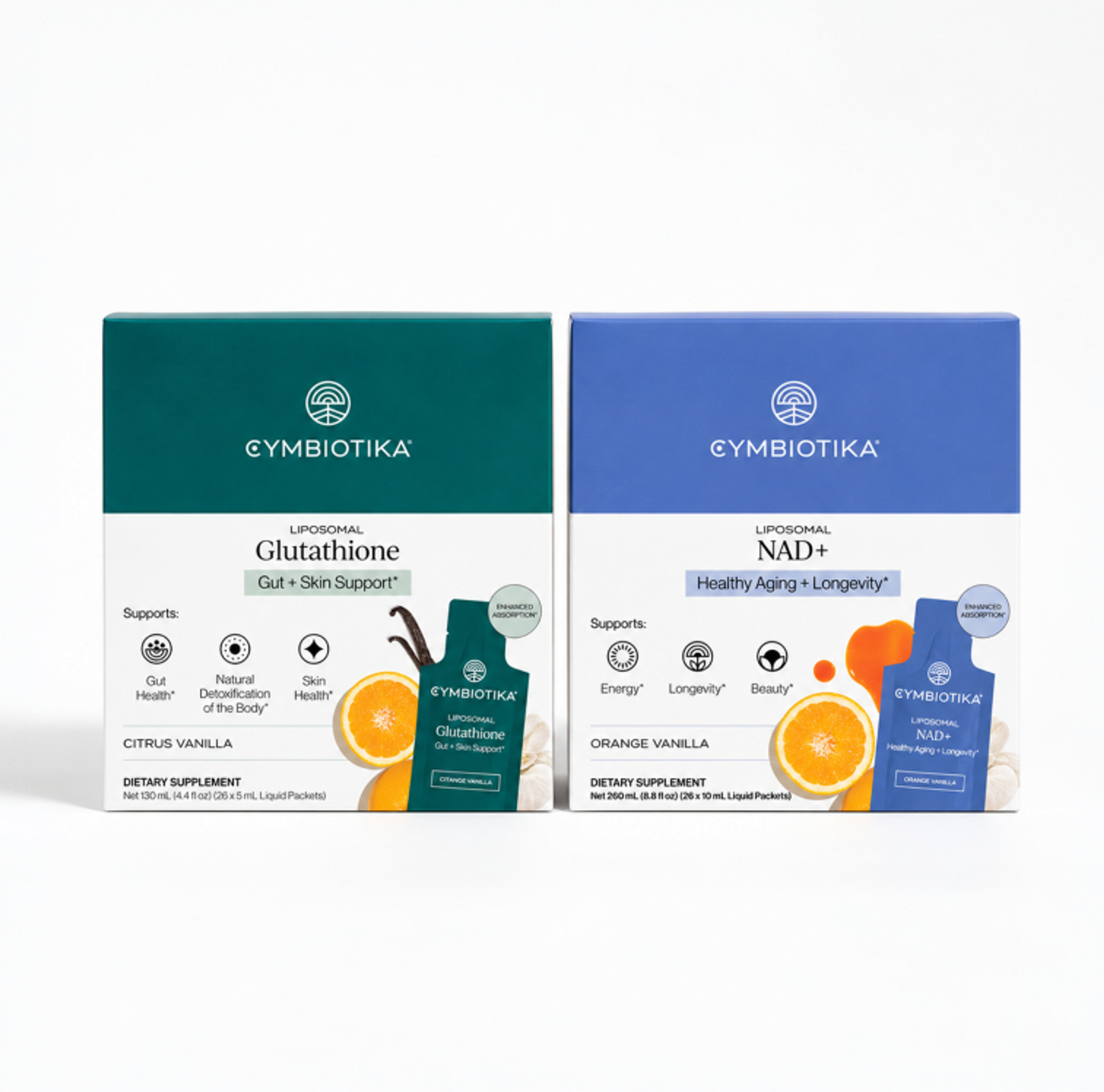 Boxes of Liposomal Glutathione and Liposomal NAD+ supplements displayed side by side.