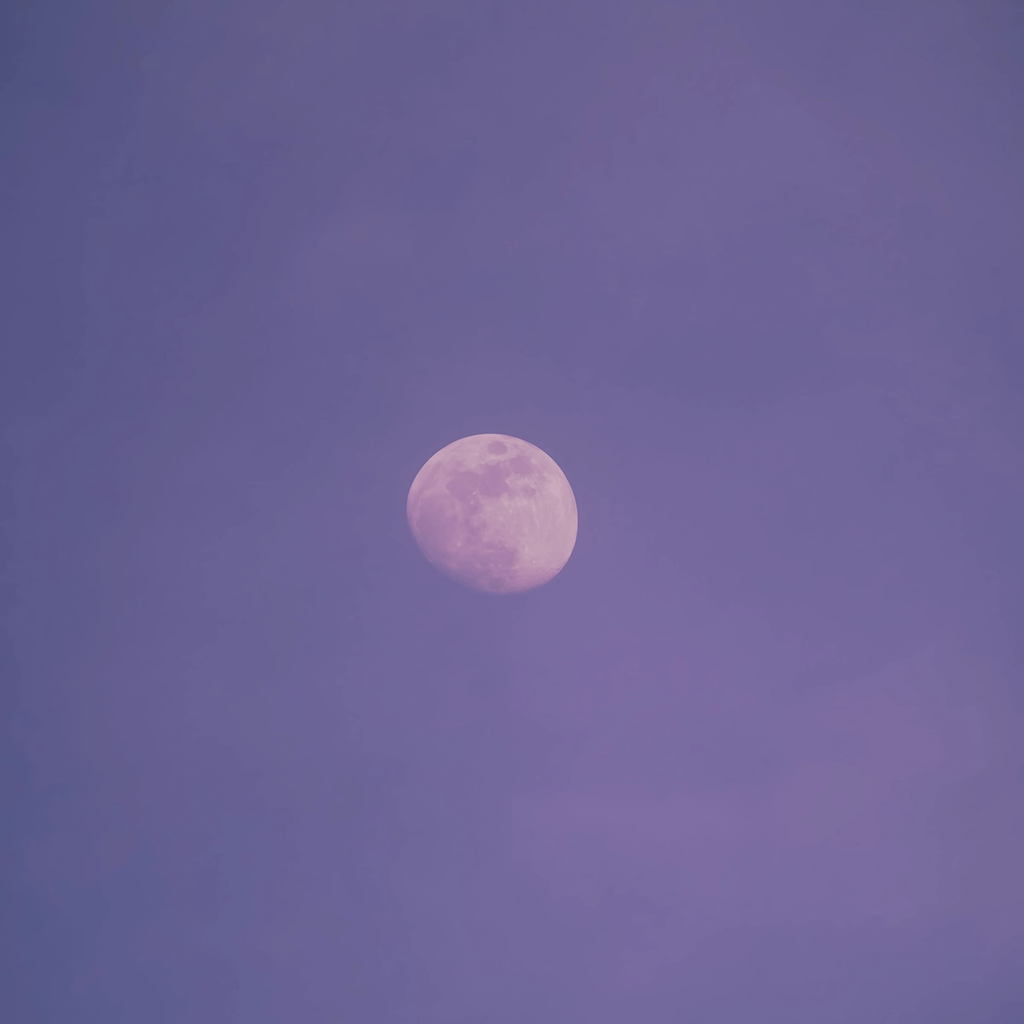 Pale full moon in a hazy purple sky.