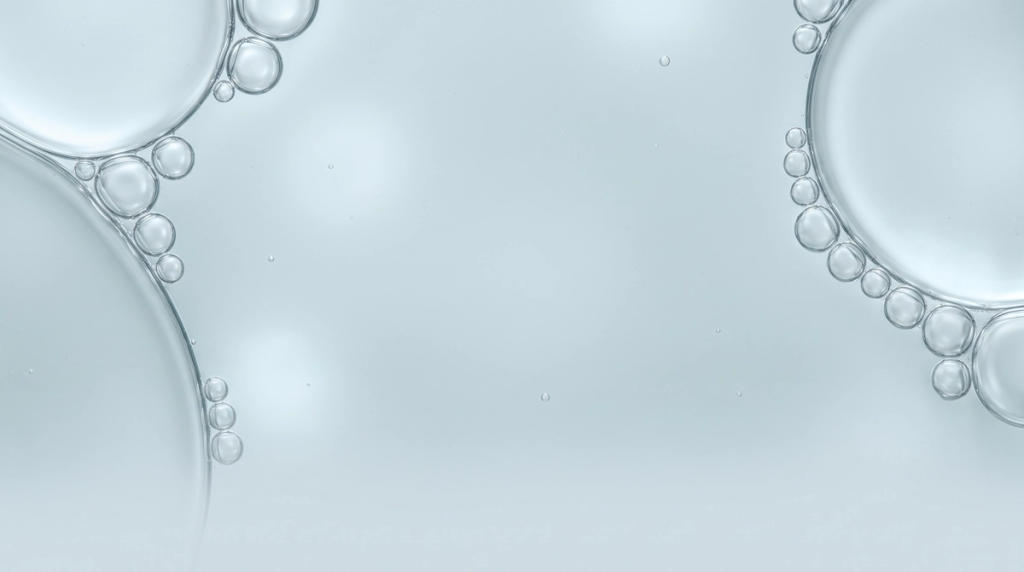 Translucent bubble-like circles against a pale blue background.
