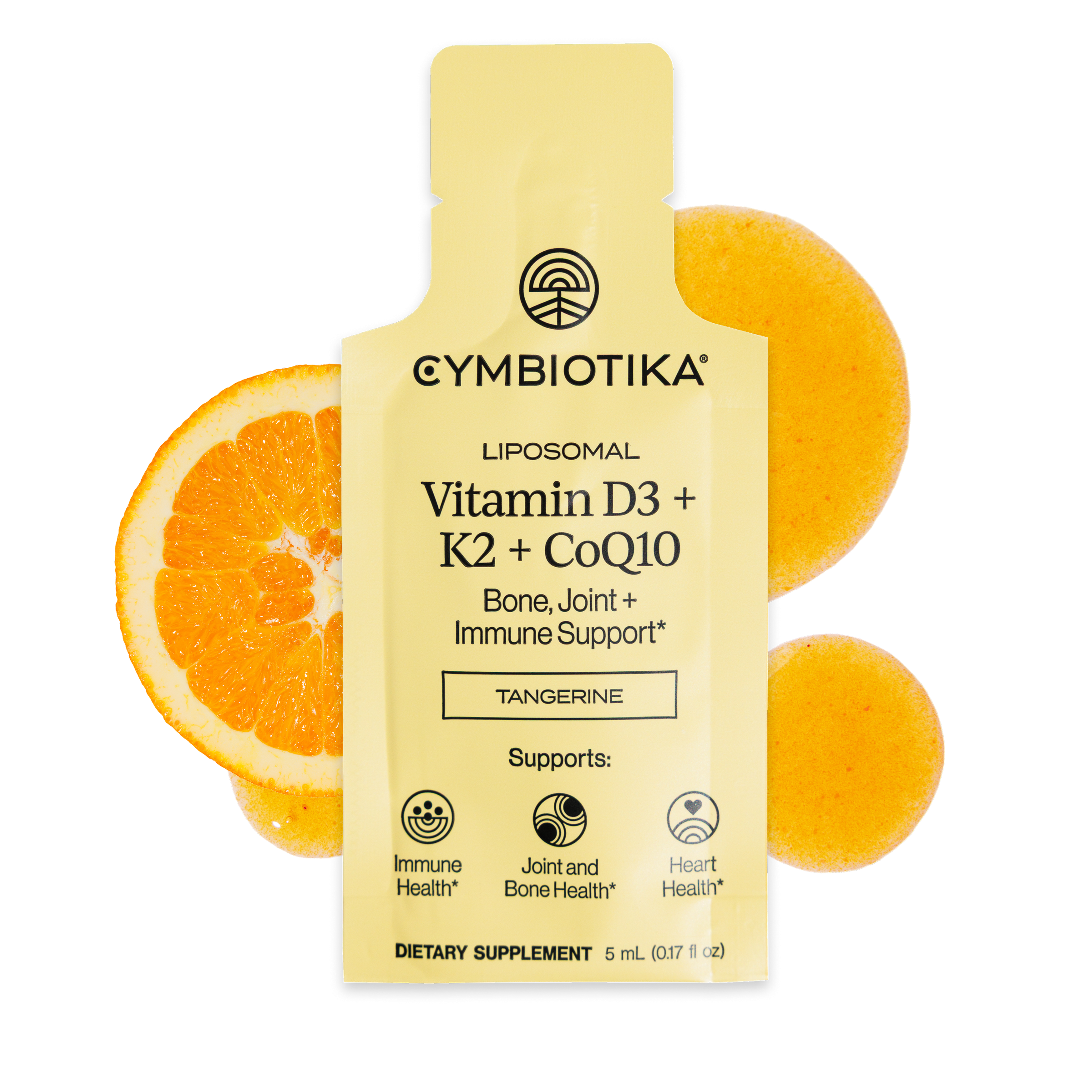 Yellow Cymbiotika Liposomal Vitamin D3 + K2 + CoQ10 sachet with orange slices; package lists tangerine flavor and support icons.