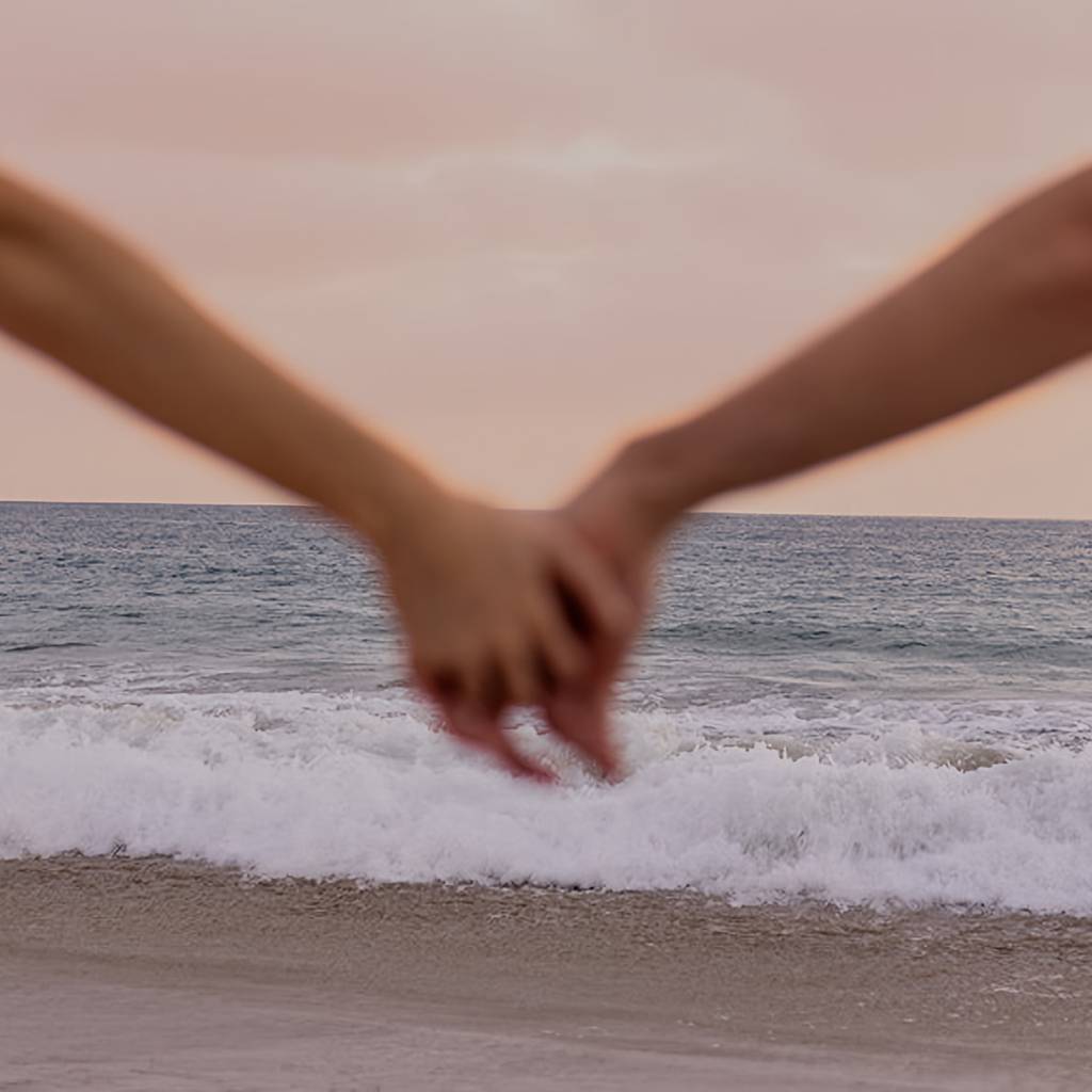 Two hands clasped above breaking waves on a beach.