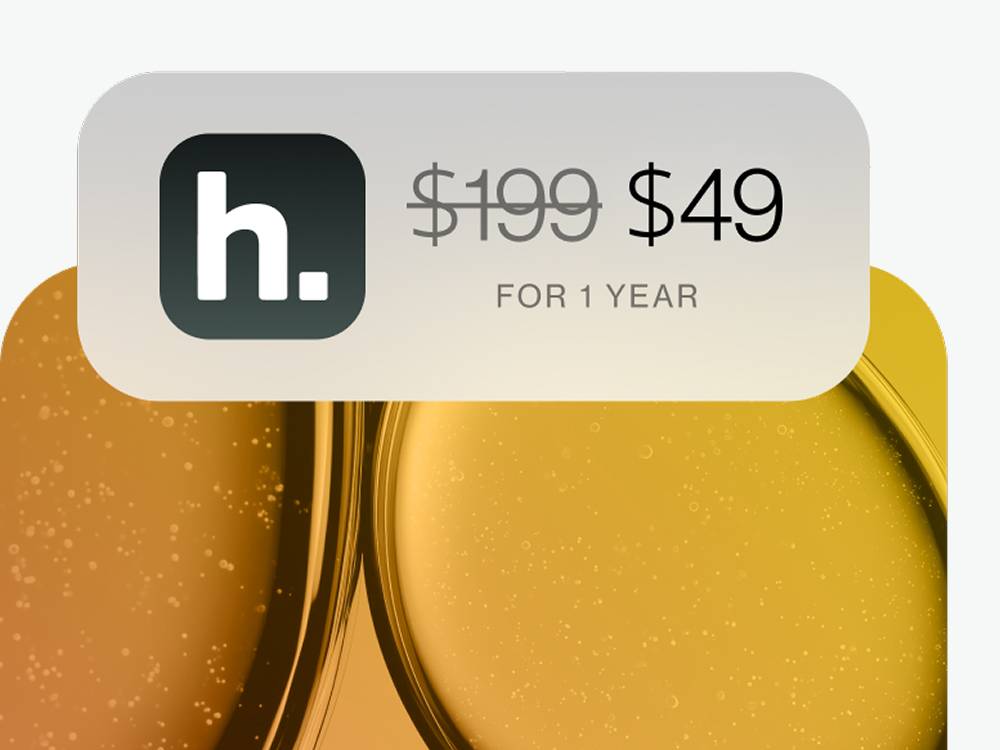 Price card with a stylized “h.” logo, crossed-out $199, and $49 for 1 year over a gold-toned abstract background.