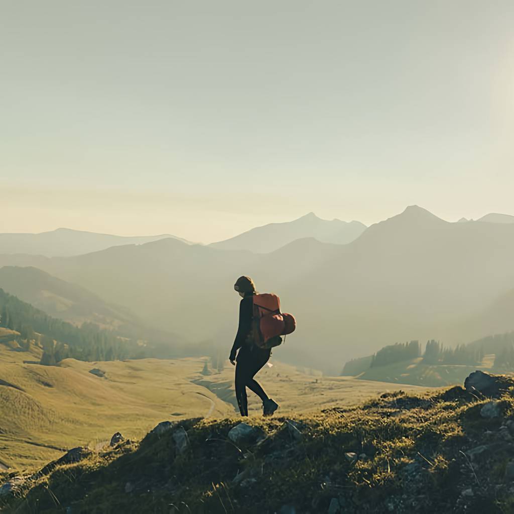 Hiker with a backpack walking along a rocky mountain ridge in warm low sunlight.