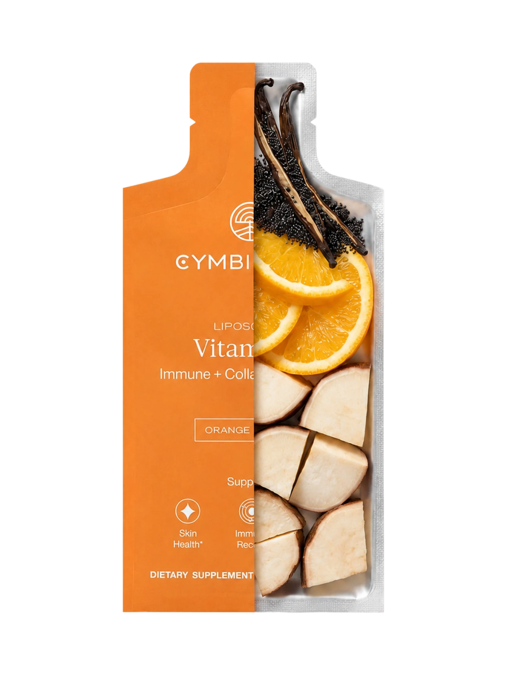 Cutaway illustration of an orange supplement pouch revealing citrus slices, pale chunks, and dark botanical pieces inside.