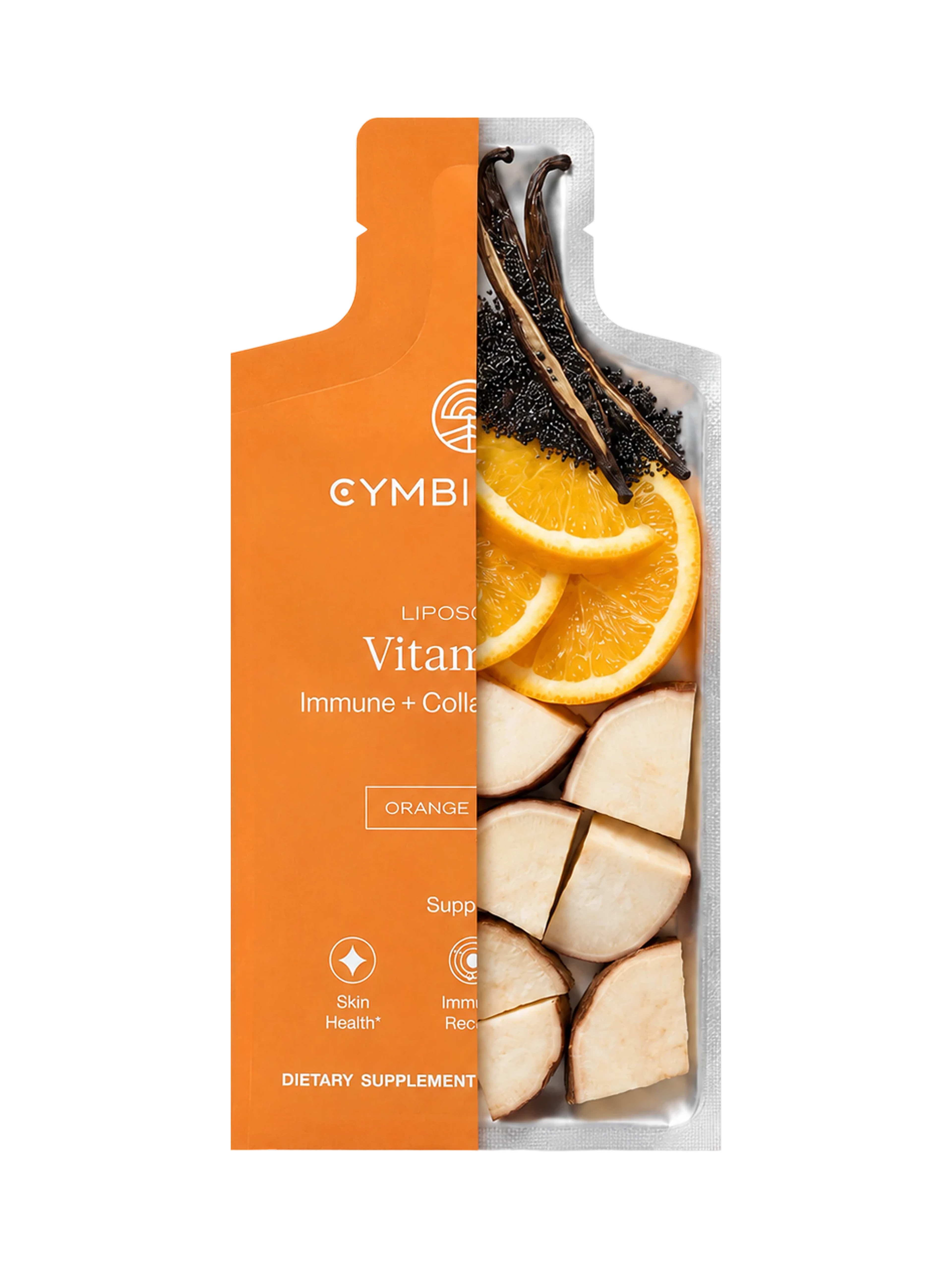 Cutaway illustration of an orange supplement pouch revealing citrus slices, pale chunks, and dark botanical pieces inside.