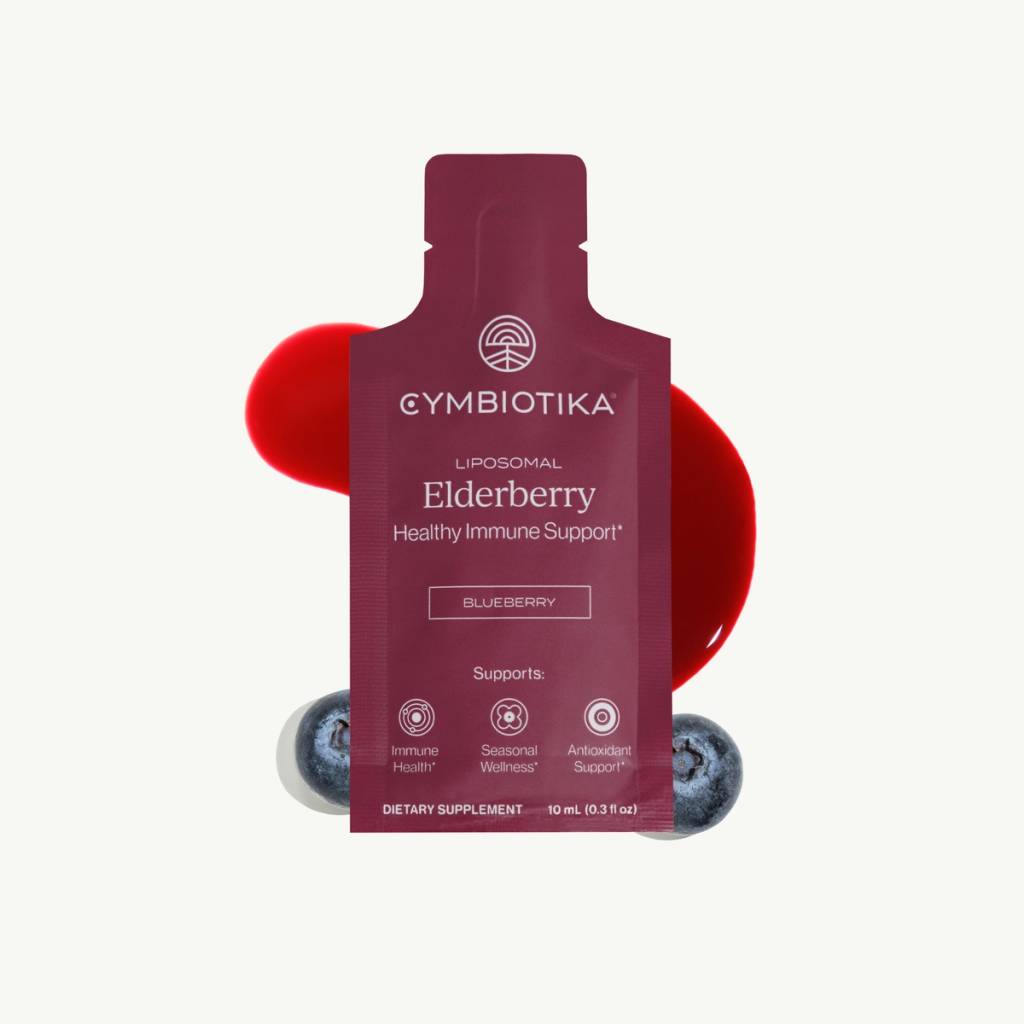 Cymbiotika Liposomal Elderberry pouch with red and blue berries.