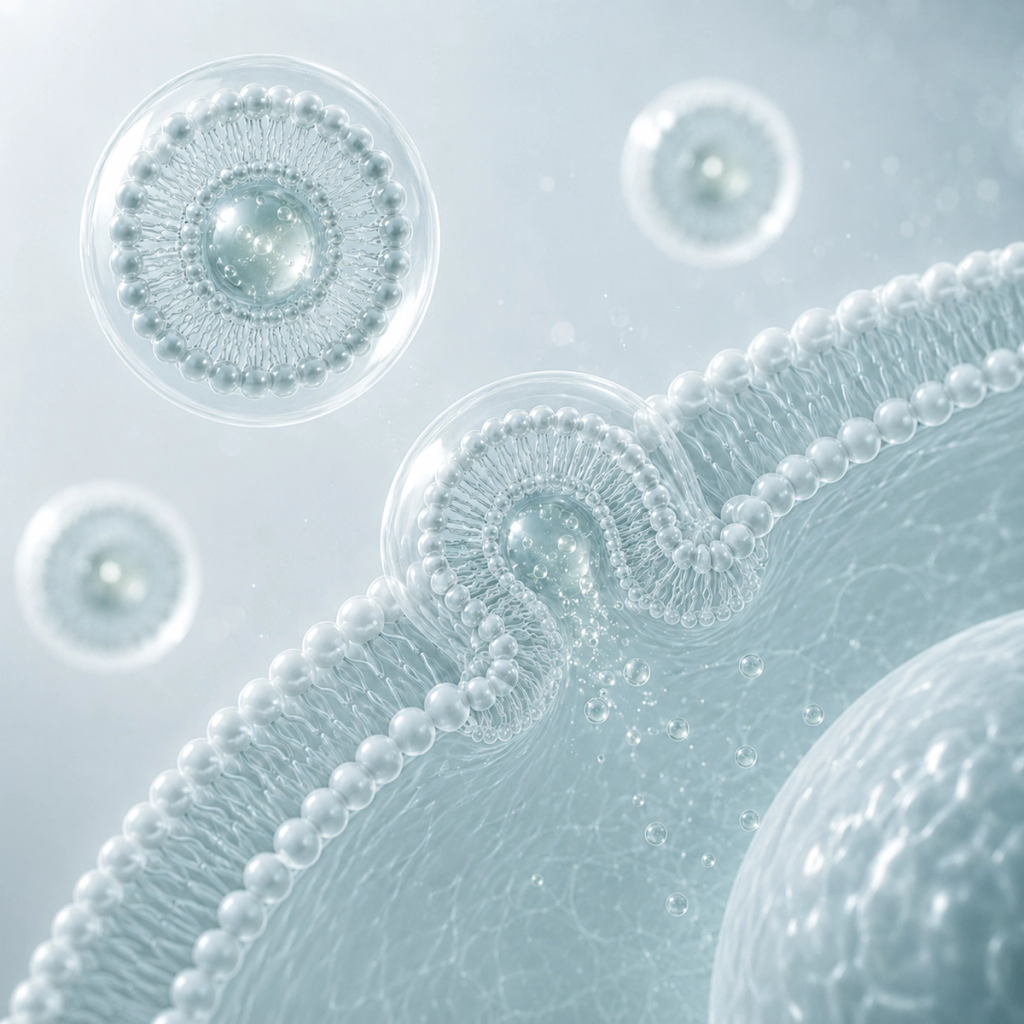 Translucent spherical structures and a curved membrane illustrate liposomal delivery.