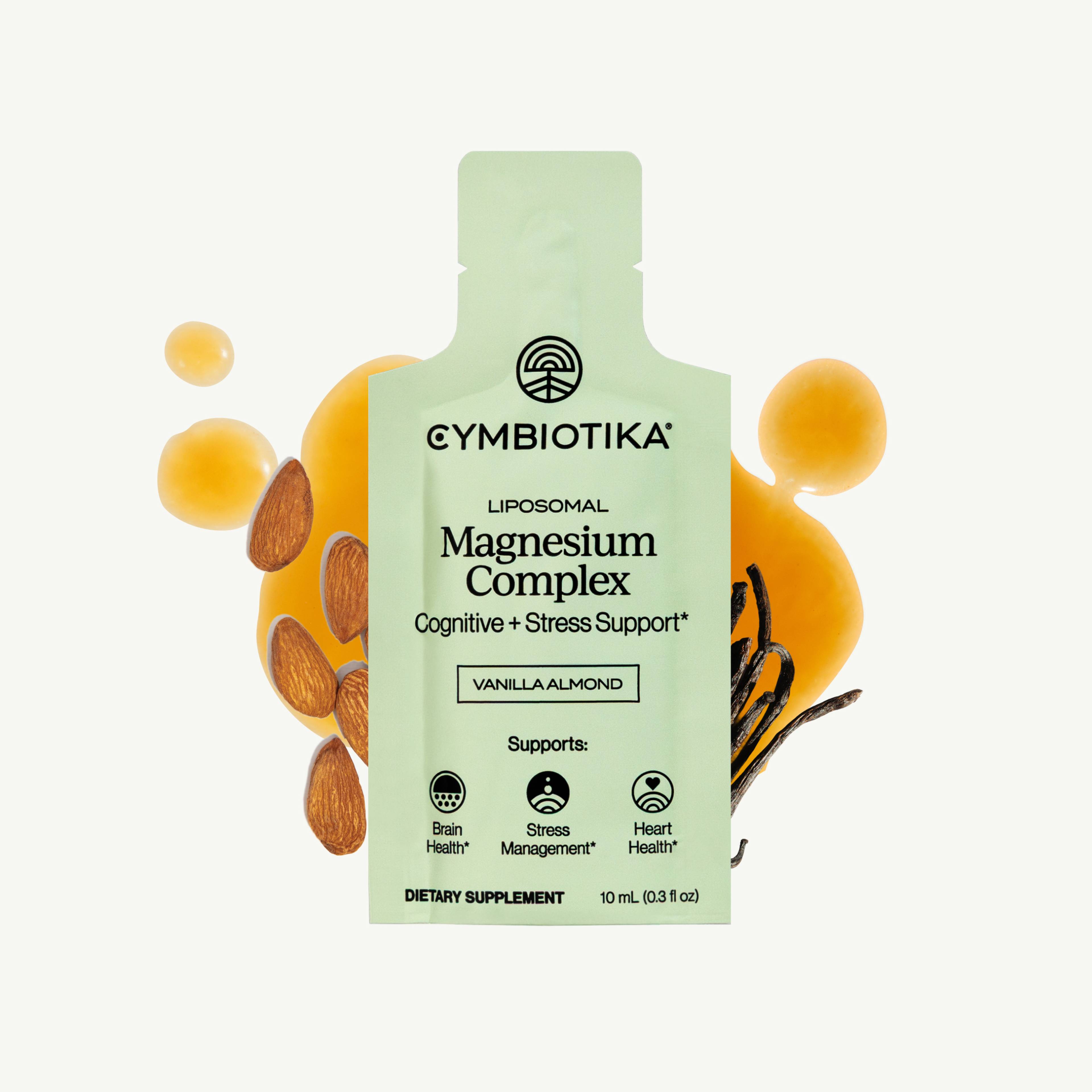 Liposomal Magnesium Complex vanilla almond pouch with almonds, vanilla pods, and golden liquid droplets.