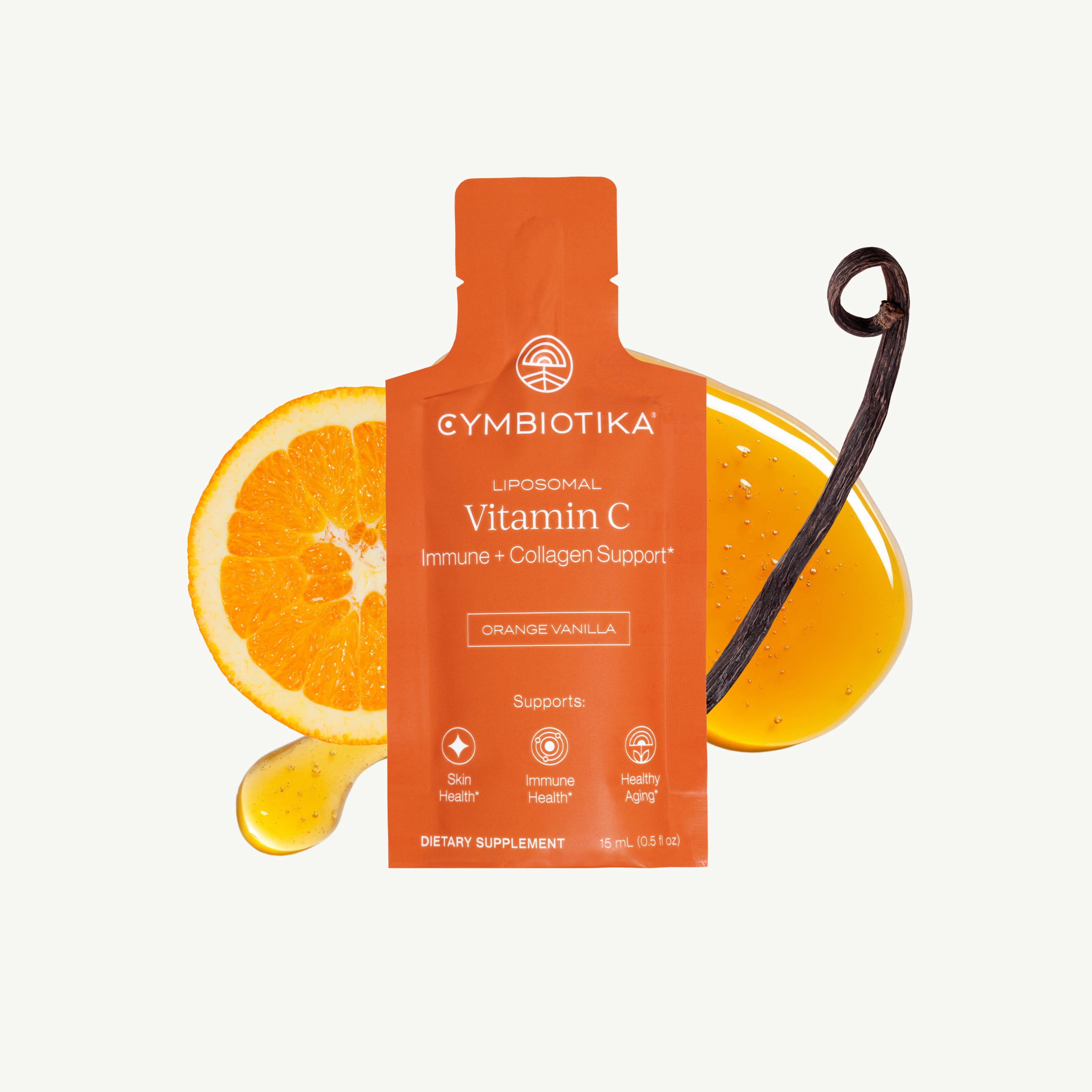 Orange Liposomal Vitamin C sachet labeled Orange Vanilla, with an orange slice, vanilla pod, and golden liquid.