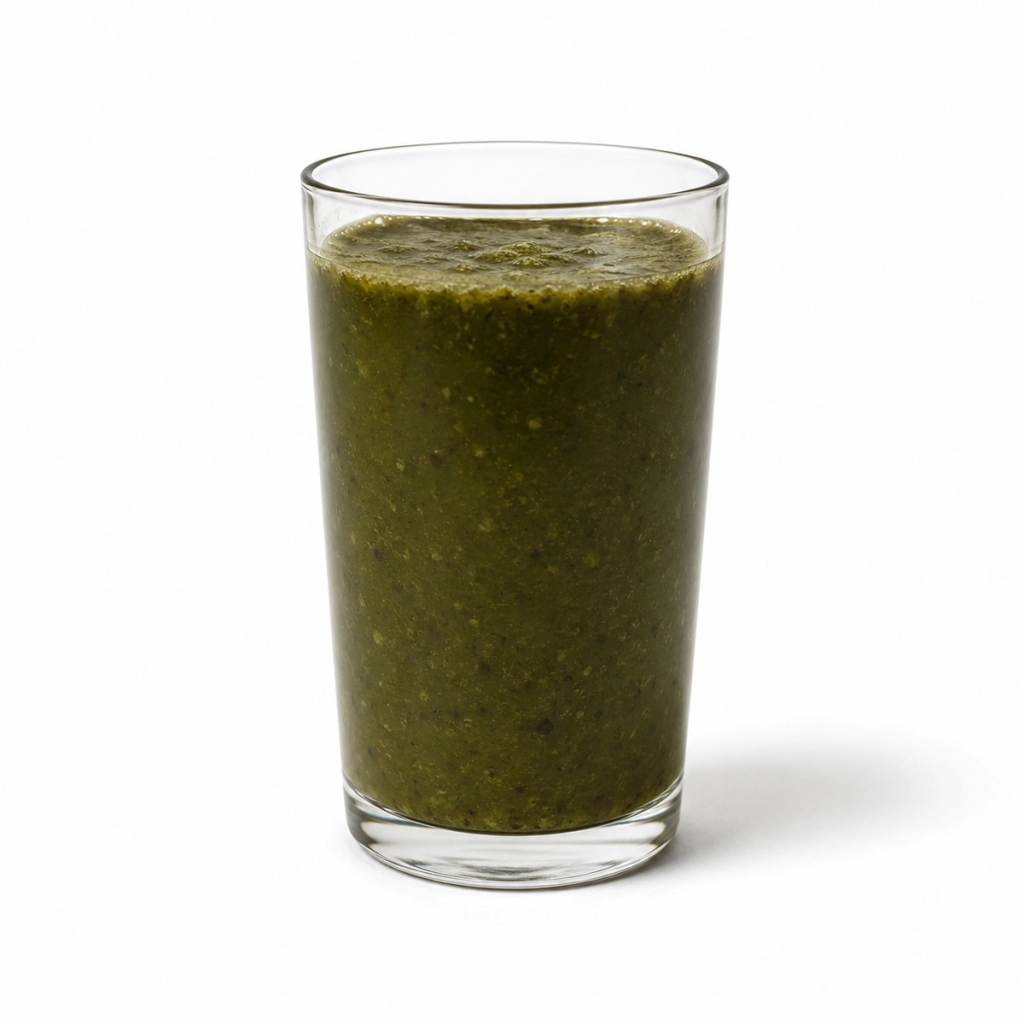 A glass filled with a thick, dark green drink, illustrating an occasional cleanse.