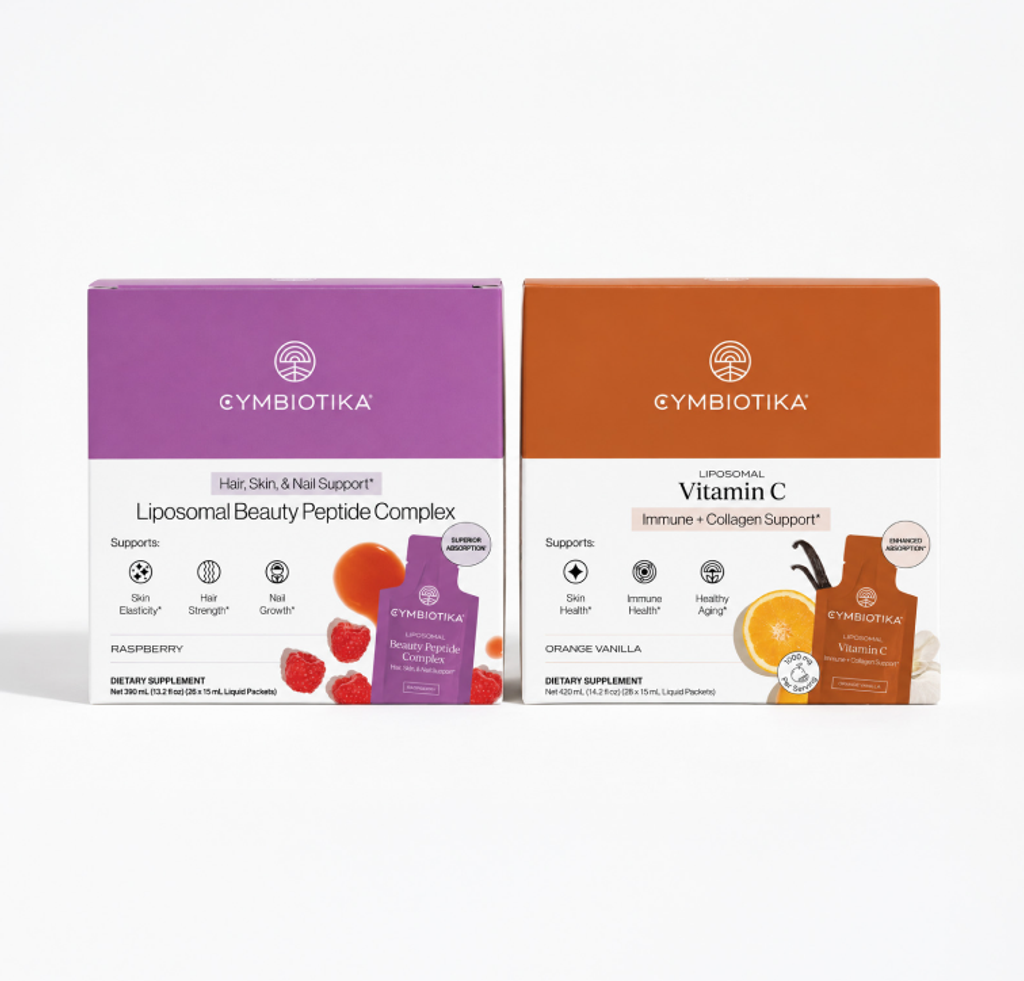 Purple Liposomal Beauty Peptide Complex and orange Liposomal Vitamin C boxes with matching sachets, shown together.