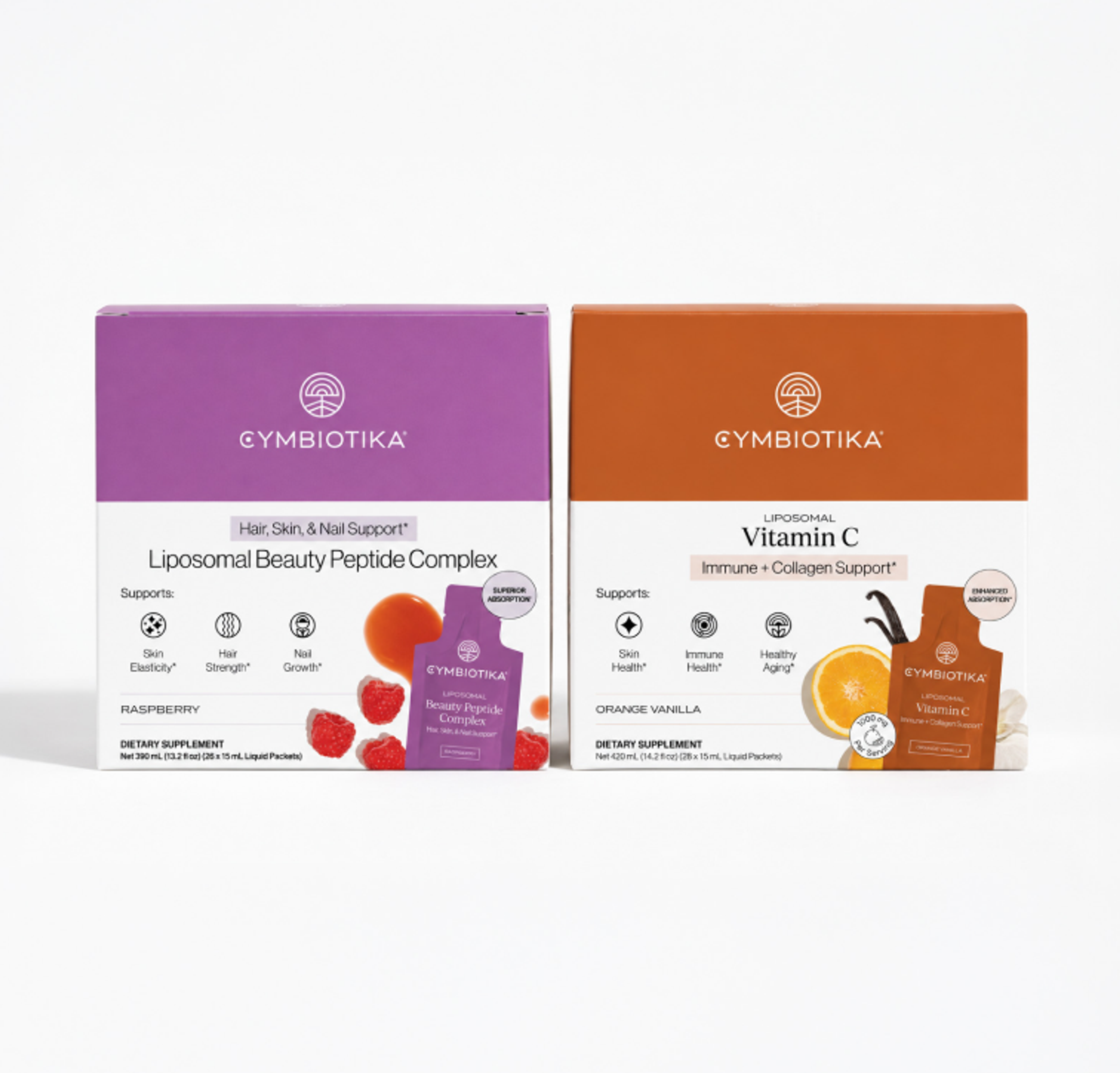 Purple Liposomal Beauty Peptide Complex and orange Liposomal Vitamin C boxes with matching sachets, shown together.