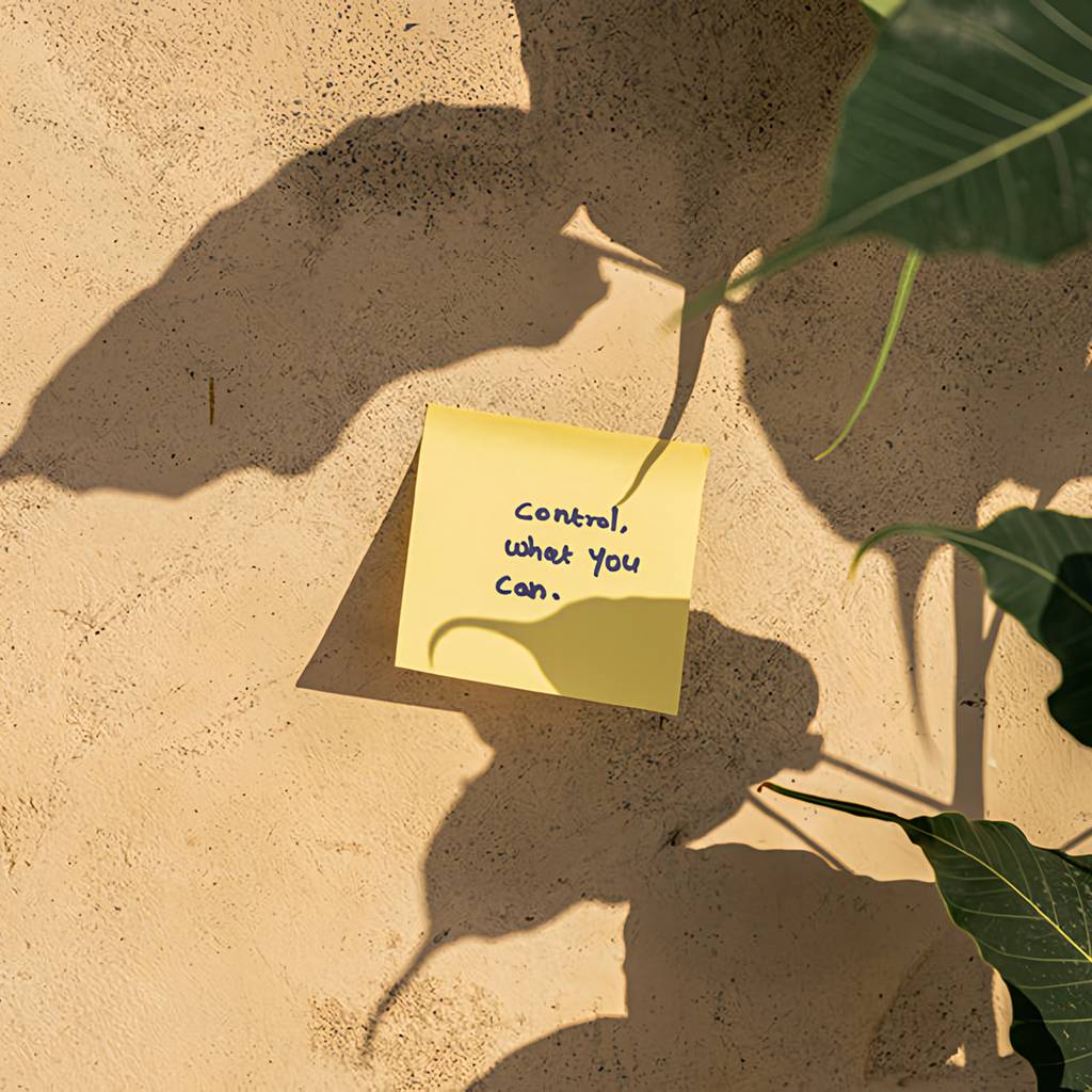 Yellow sticky note reading “Control, what you can.” on a sunlit textured wall with leafy shadows.